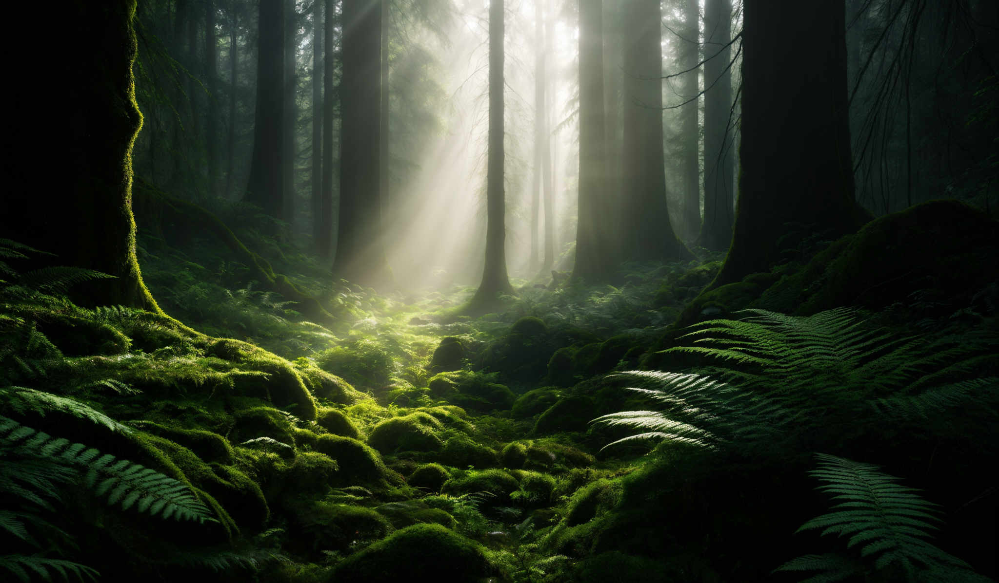 The image showcases a lush, dense forest with tall, slender trees. The trees have a dark, almost black hue, and their trunks are thick and sturdy. The forest floor is covered in vibrant green moss and ferns, creating a soft carpet-like texture. Sunlight filters through the trees, casting a soft, ethereal glow on the scene. The overall color palette is dominated by various shades of green, with the contrasting dark tones of the trees adding depth and drama to the scene, creating an atmosphere of mystery and tranquility.