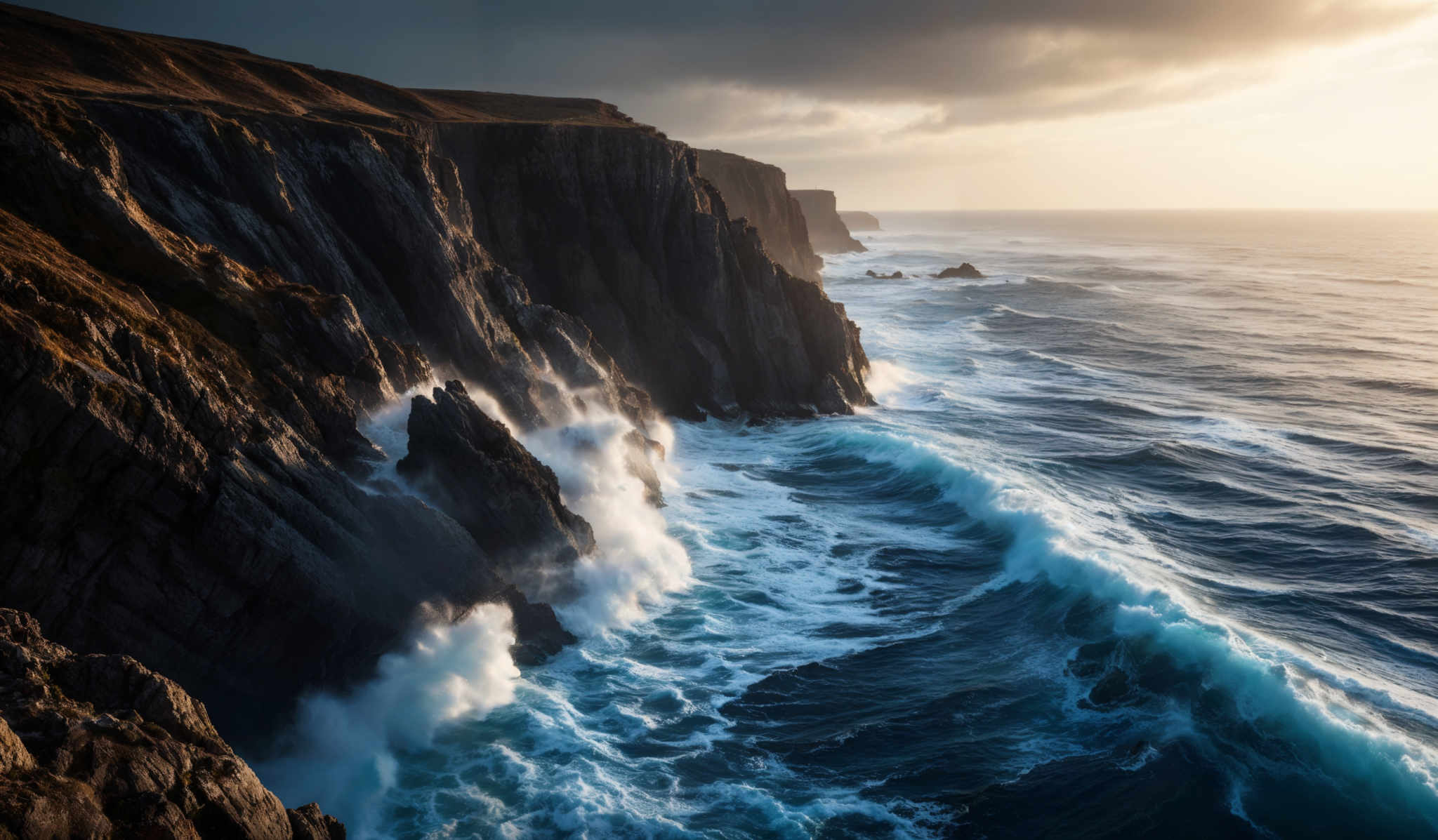 The image showcases a dramatic coastal landscape during what appears to be either sunrise or sunset. The dominant colors are shades of blue, gray, and gold. The rugged cliffs are steep and jagged, with a mix of dark and light shades, indicating the play of light and shadow. The waves crash against the cliffs, producing white foam. The sky is a mix, with dark stormy clouds on the left and a golden hue on the right, suggesting the sun is either rising or setting.