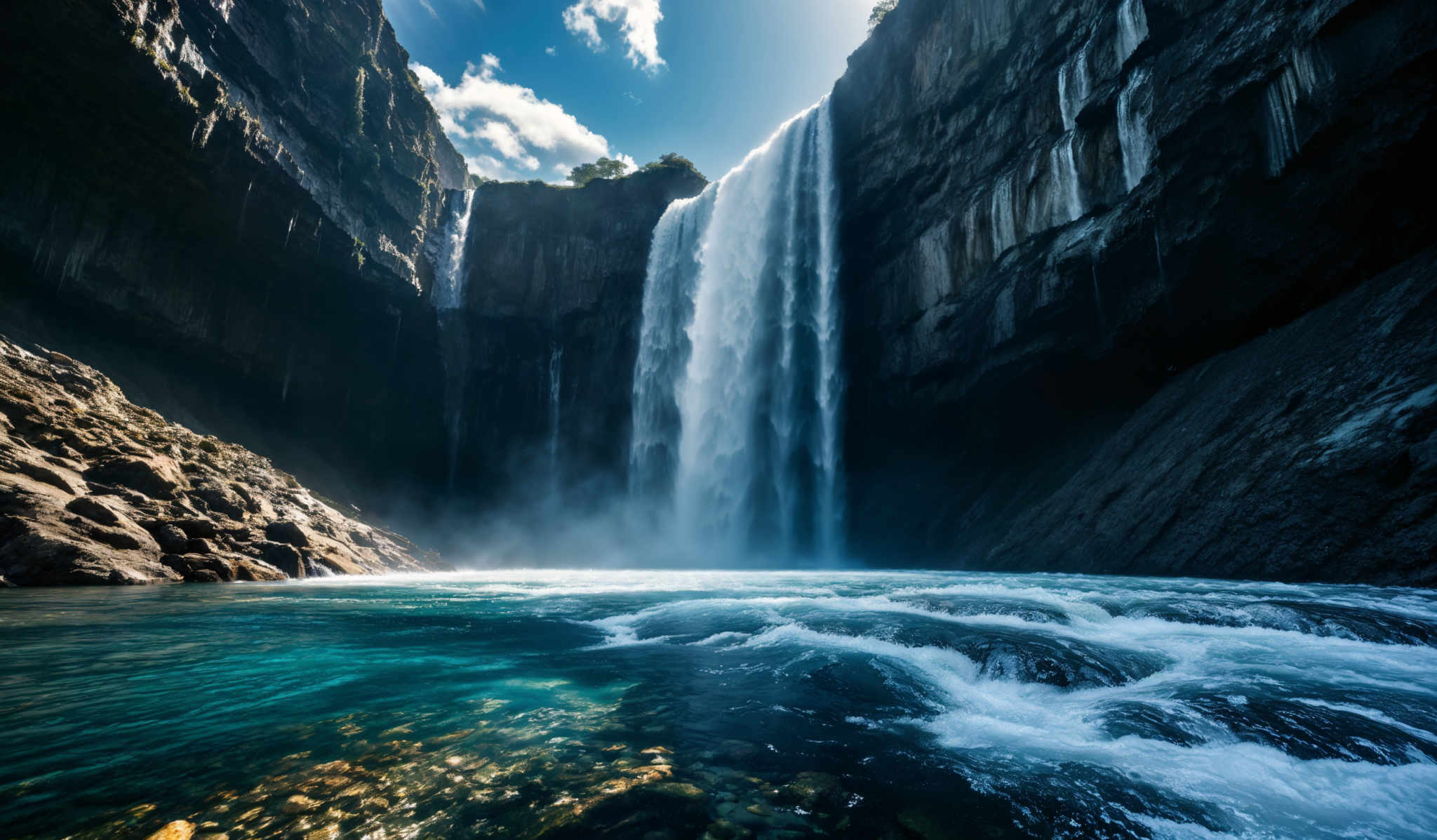 The image showcases a breathtaking waterfall cascading down a tall cliff. The waterfall is surrounded by rugged rock formations, and the water appears to be flowing with great force, creating a misty aura around its base. The pool at the base of the waterfall has a turquoise hue, possibly due to the minerals in the water. The sky above is partly cloudy, allowing sunlight to illuminate the scene, casting shadows on the cliffs and highlighting the water's sparkle.