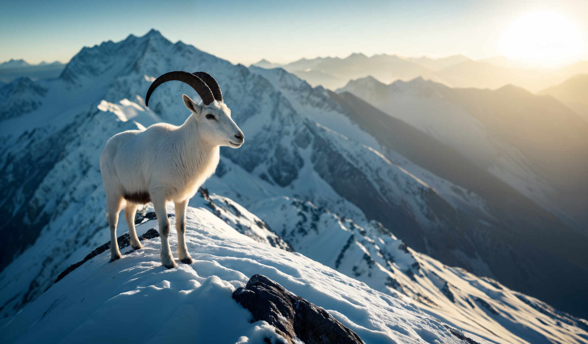 The image showcases a breathtaking mountainous landscape during what appears to be either sunrise or sunset. Dominating the foreground is a white, mountain goat with curved horns, standing on a snow-covered ridge. The goat's fur is thick and appears to have a light hue, contrasting with the stark white snow. In the background, jagged mountain peaks rise against a clear blue sky, with the sun casting a golden hue over the scene. The mountains are covered in snow, and their rugged terrain is visible, with some areas illuminated by the sun's rays and others in shadow.