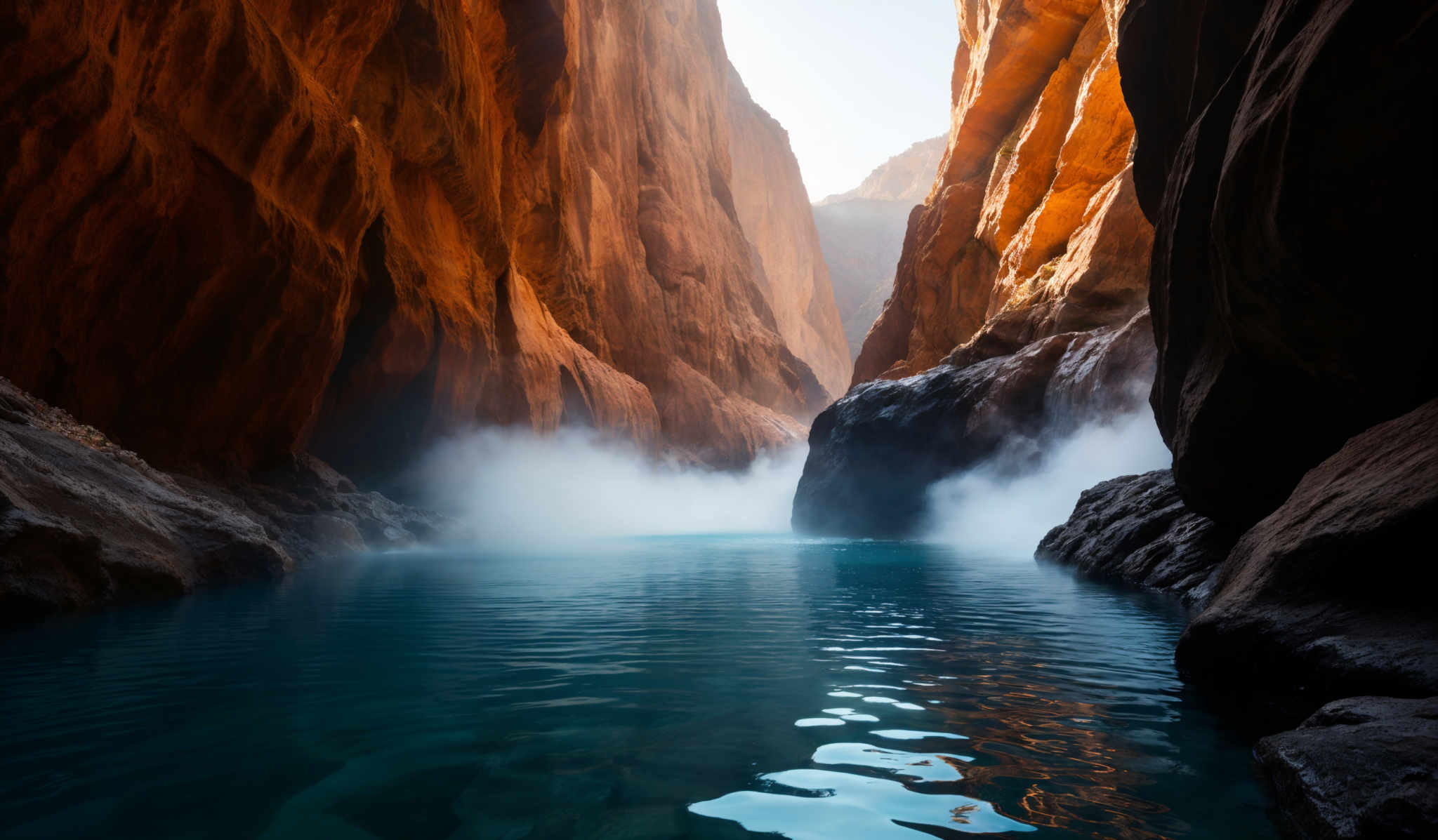 The image showcases a breathtaking view of a canyon with towering red rock walls on either side. The sunlight filters through the top, casting a warm, golden hue on the rocks. In the center, there's a body of water reflecting the surrounding environment. A mist or fog is present near the water's surface, adding a mystical aura to the scene. The water is a deep turquoise color, contrasting beautifully with the reddish-brown rocks.