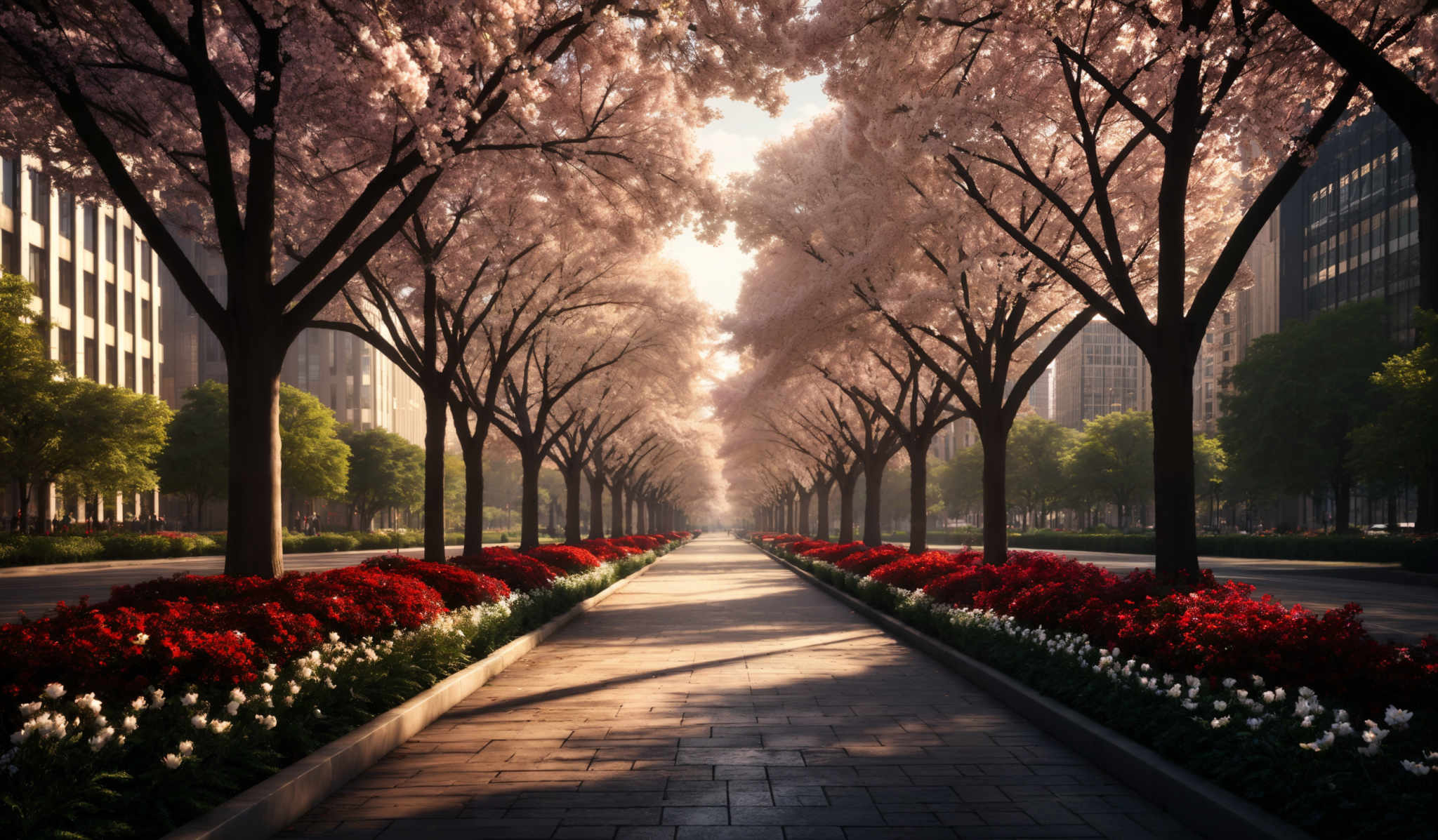 The image showcases a picturesque urban scene during what appears to be early morning or late afternoon. The dominant colors are the soft pink of the cherry blossom trees in full bloom, contrasting with the deep greens of the surrounding foliage and the muted grays of the buildings. The trees are tall and slender, with a canopy of pink blossoms that stretches overhead. The pathway is made of stone tiles, leading the viewer's eye down the center of the image, flanked by vibrant red and white flower beds on either side. The buildings in the background are modern, with glass facades and reflective surfaces, suggesting an urban setting. The sunlight filters through the trees, casting a warm glow and creating a serene atmosphere.