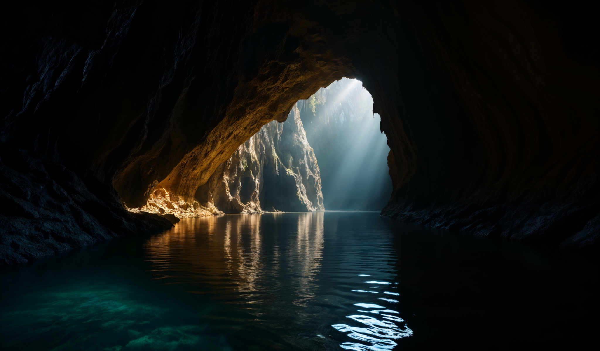 The image showcases a breathtaking view of a cave. The cave's walls are rugged and have a deep brown hue, with intricate patterns and textures. The ceiling of the cave is arched, allowing sunlight to pour in, casting a golden glow on the water below. The water is calm, reflecting the cave' s walls and the sunlight, creating a serene and mesmerizing effect. The overall ambiance of the image is one of tranquility and natural beauty.