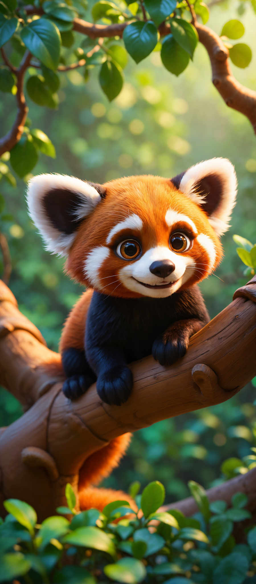 A whimsical digital painting captures the essence of a curious red panda perched on a tree branch. The adorable creature gazes directly at the viewer with large, expressive eyes, its fur a vibrant mix of red, black, and white. The background is a soft blur of green foliage, emphasizing the panda's charming presence. This enchanting artwork evokes a sense of wonder and connection with nature, making it an ideal piece for nature enthusiasts and art lovers alike.