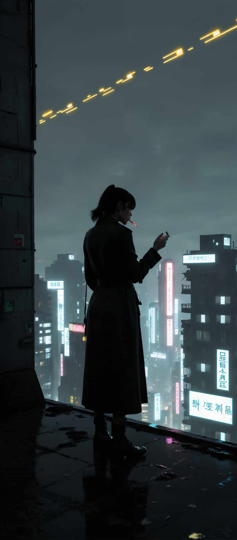 A woman in a black coat stands in front of a city skyline at night. She is smoking a cigarette and looking up at the sky. The city is lit up with neon lights in various colors. The buildings are tall and modern with many windows. The sky is dark and cloudy adding to the atmosphere of the scene. The woman's position in front the cityscape gives a sense of scale and depth to the photo. The neon lights of the city create a vibrant and lively mood. The overall art style of the photo is modern and urban. The subject of the image is the woman and the motif is the city at night with the woman as the focal point. The image captures a moment of solitude and contemplation in an urban setting.