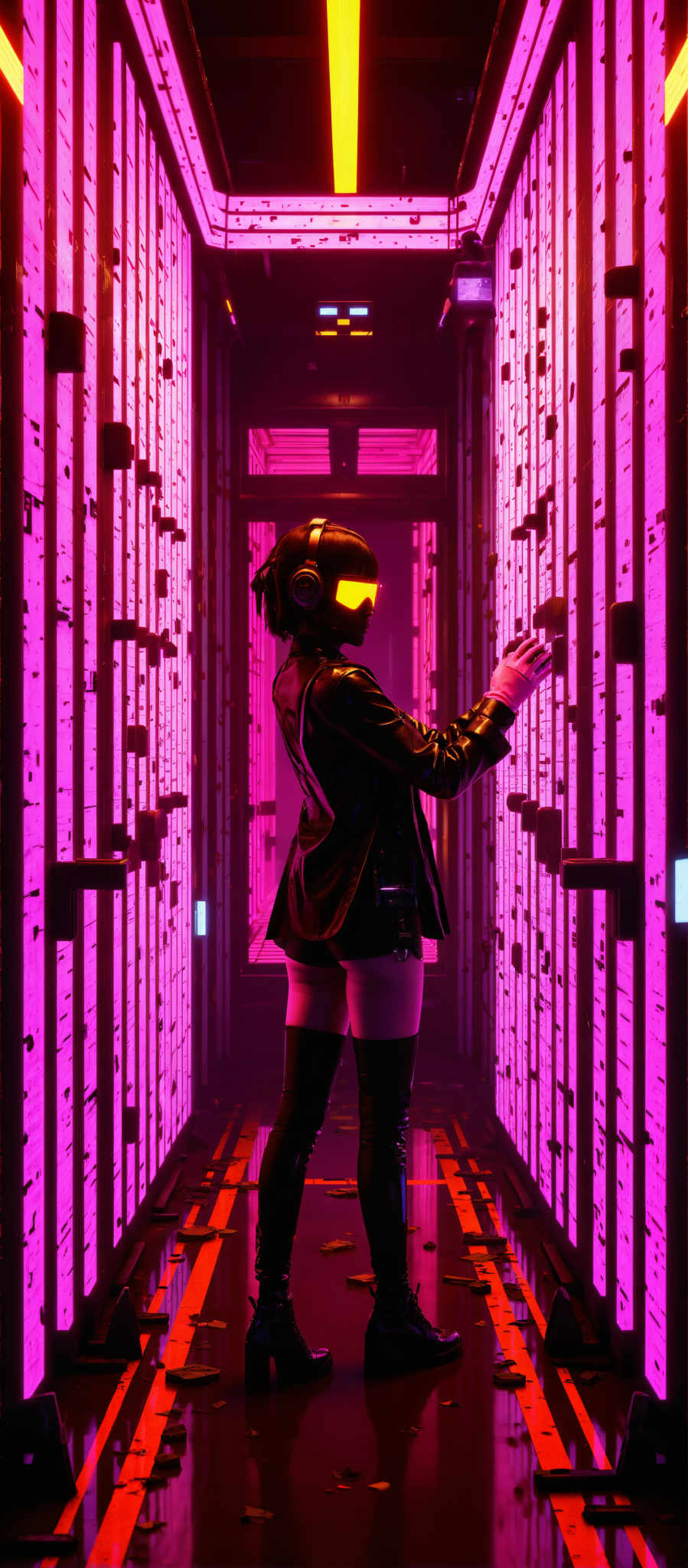 A woman in a futuristic setting wearing a black leather jacket and a neon yellow helmet stands in front of a wall of pink and purple lights. She is holding a small device in her hand and her gaze is directed downwards. The art style of the image is reminiscent of a video game or anime and the subject appears to be in a state of contemplation or focus. The motif of the scene is a blend of technology and human emotion creating a sense of intrigue and wonder.