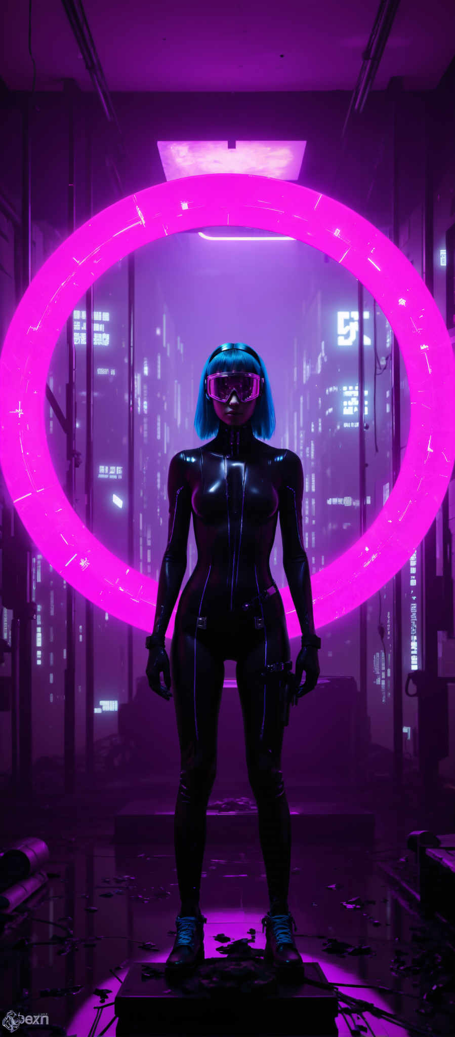 A woman in a futuristic suit stands in front of a large pink circle. She has blue hair and is wearing pink goggles. The background is filled with neon lights and futuristic buildings. The woman's outfit and the surrounding environment suggest a scene from a science fiction movie or video game. The pink circle behind her adds a vibrant contrast to the otherwise dark and futuristic setting. The neon lights in the background create a sense of depth and add to the overall futuristic theme of the image. The image does not contain any text or other discernible objects. The relative position of the woman to the pink circle and the neon lights suggests she is the main subject of the photo. The overall mood of the scene is futuristic and somewhat mysterious.