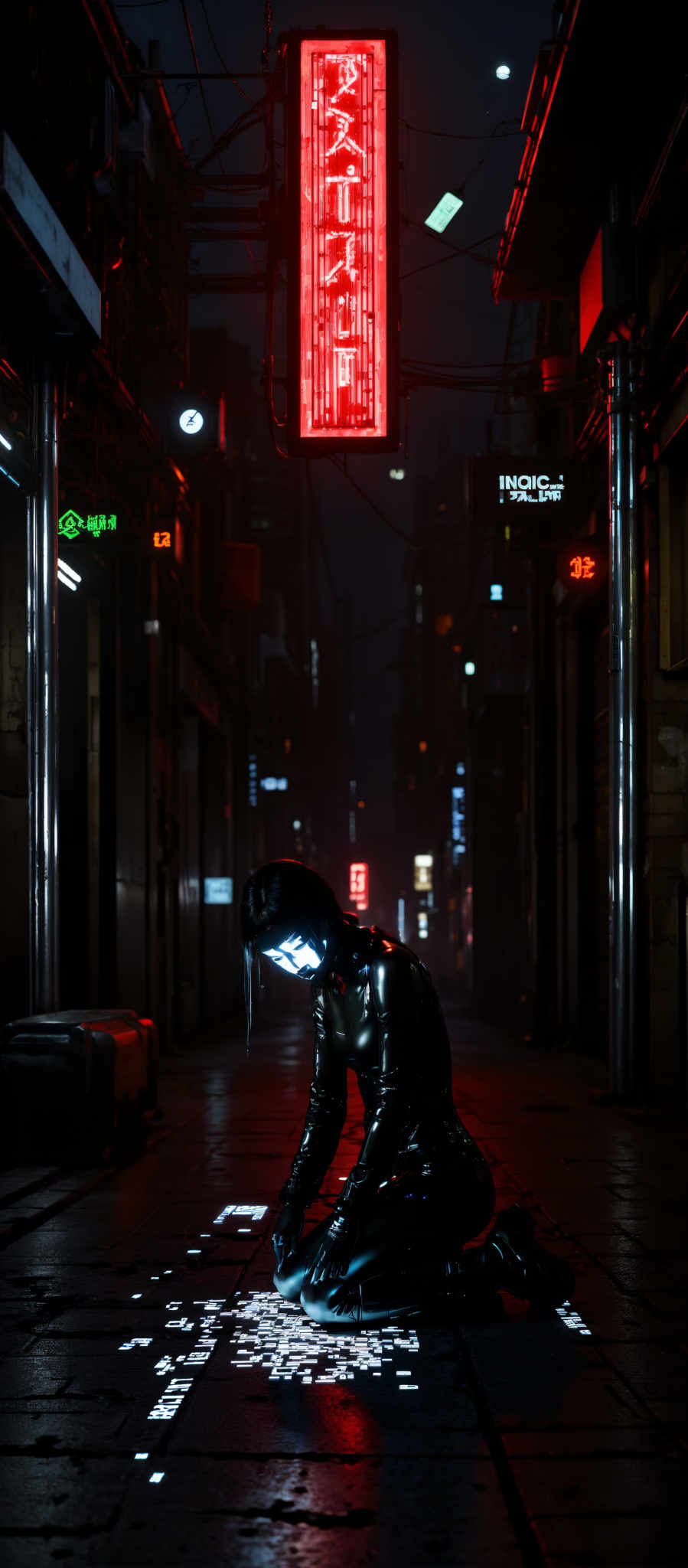 In the heart of a dimly lit alleyway a lone figure clad in a black leather suit stands their identity concealed by a mask. The figure is positioned in the center of the image their gaze directed downwards suggesting a sense of contemplation or introspection. The alleyway itself is a labyrinth of tall buildings their facades adorned with a myriad of neon signs that cast a vibrant glow against the otherwise subdued lighting. The colors in the image are predominantly dark punctuated by the bright neon hues that add a stark contrast. The art style is reminiscent of noir films evoking a sense mystery and intrigue. The subject of the photo is the masked figure their presence dominating the scene. The motif of the alleyway and the neon signs suggest a setting that is both urban and mysterious.