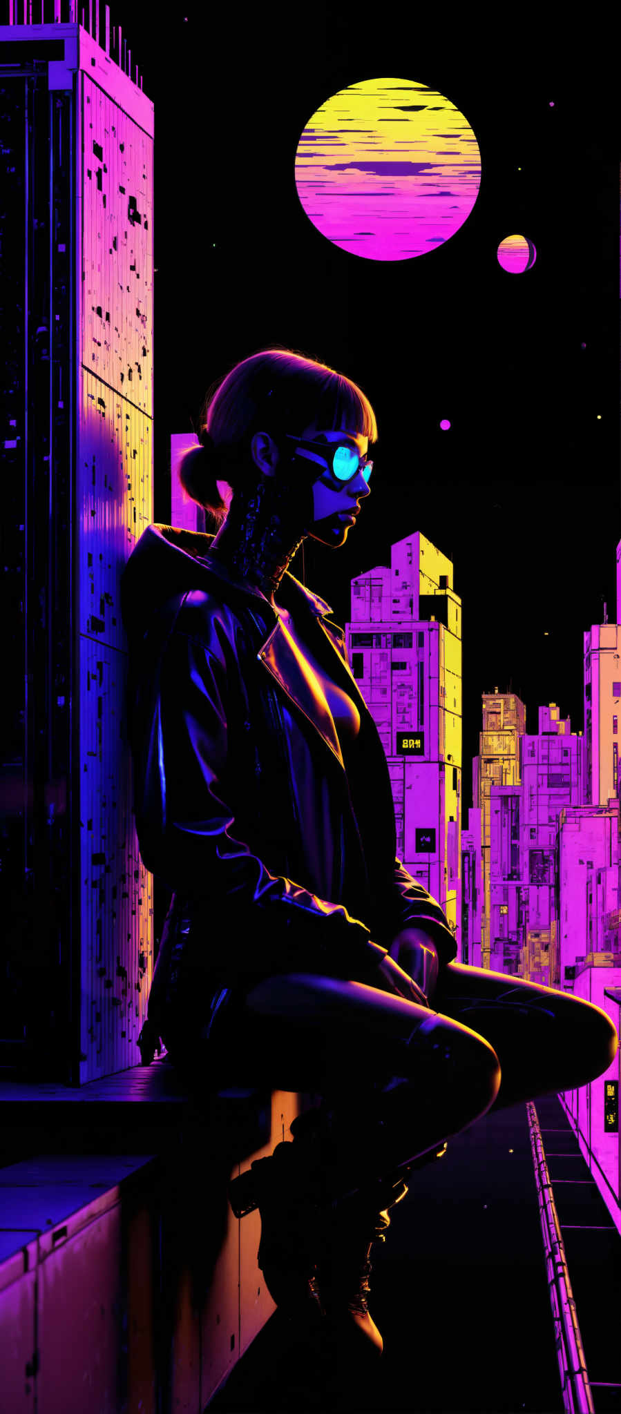 The image portrays a woman in a futuristic cityscape. She is dressed in a black leather jacket and sunglasses exuding an air of mystery and intrigue. The cityscape is a vibrant mix of purple and pink buildings creating a surreal and dreamlike atmosphere. The woman is standing in front of a building her gaze directed off to the side as if lost in thought or observing something out of frame. The art style is reminiscent of digital art with bold colors and sharp lines. The subject of the image is the woman and the motif is the futuristic city suggesting a theme of technology and progress.