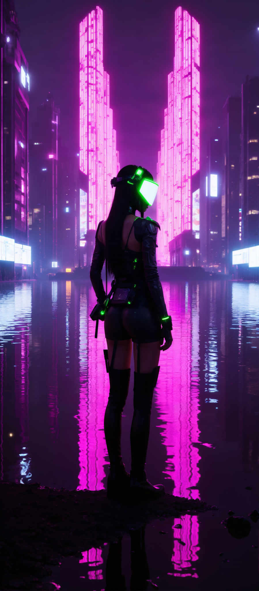 A woman in a futuristic setting is the main subject of this image. She is dressed in a black leather outfit complete with a helmet that has a green visor. The helmet is equipped with a camera on the front suggesting that she might be a cyborg or a futuristic warrior. The woman is standing in a large room filled with tall buildings and neon lights which create a vibrant purple and pink atmosphere. The art style of the image is futuristic and the subject appears to be in a state of contemplation or readiness as she is looking off into the distance. The motif of the scene is a blend of technology and human emotion creating a sense of intrigue and wonder.