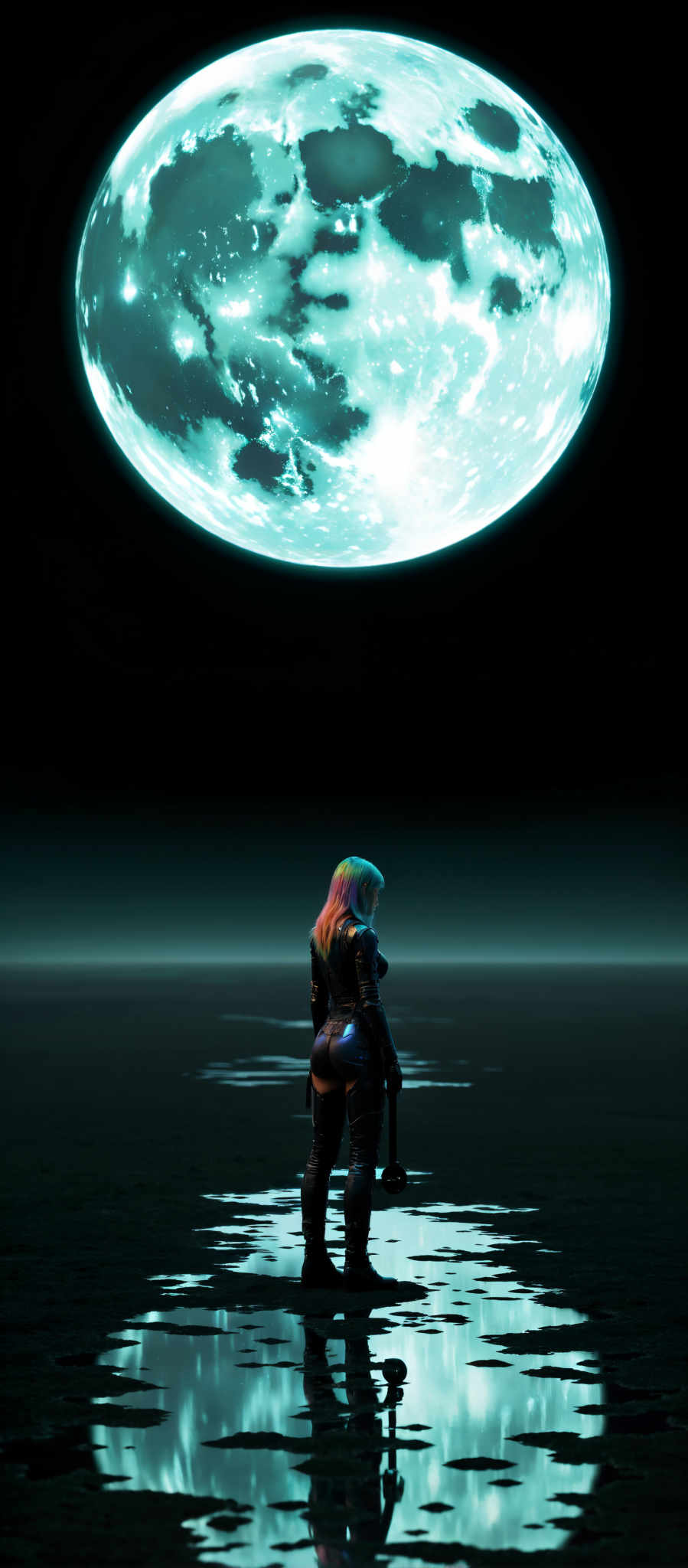 A woman with long vibrant hair stands in front of a large glowing moon. She is dressed in a black leather outfit complete with a mask that conceals her identity. The scene is set against a backdrop of a dark blue sky with a hint of green peeking through in the distance. The woman's position in the foreground coupled with the moon's prominence in the background creates a striking contrast. The overall mood of the image is mysterious and dreamlike evoking a sense of wonder and intrigue.