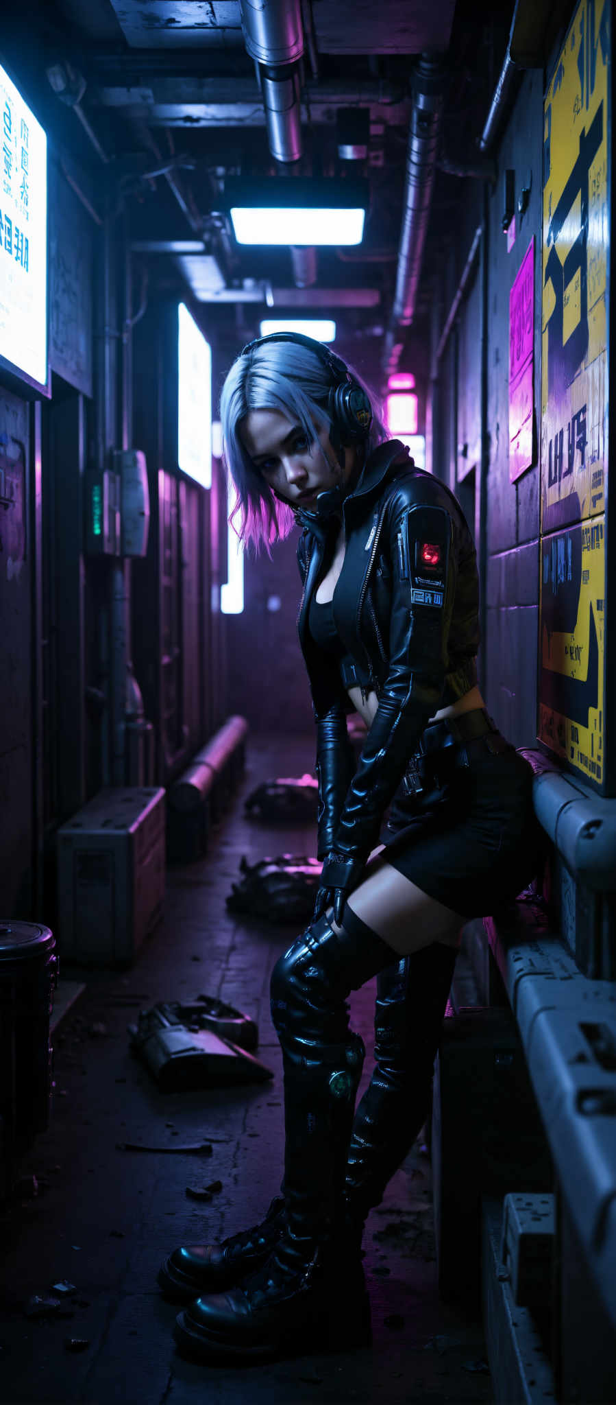 In the image a woman with striking blue hair is the central figure. She is dressed in a black leather outfit complete with a helmet and knee-high boots adding an element of intrigue to her appearance. Her gaze is directed off to the side suggesting a sense of contemplation or focus.

The setting is a dimly lit alleyway which is adorned with graffiti on the walls adding a touch of urban grit to the scene. The alleyway is not empty; there are several barrels scattered around hinting at a possible industrial or warehouse context.

The color palette of the image is predominantly dark with the woman's blue hair providing a stark contrast. The lighting is low further enhancing the moody atmosphere of the scene.

The art style of the photo is reminiscent of a comic book or graphic novel with its focus on the woman and the urban setting. The subject of the photograph is the woman and the motif revolves around her character and the environment she is in.

Overall the image captures a moment of solitude in an urban setting with a woman in a striking outfit as the focal point. The combination of elements creates a visually compelling scene that invites viewers to explore the story behind it.