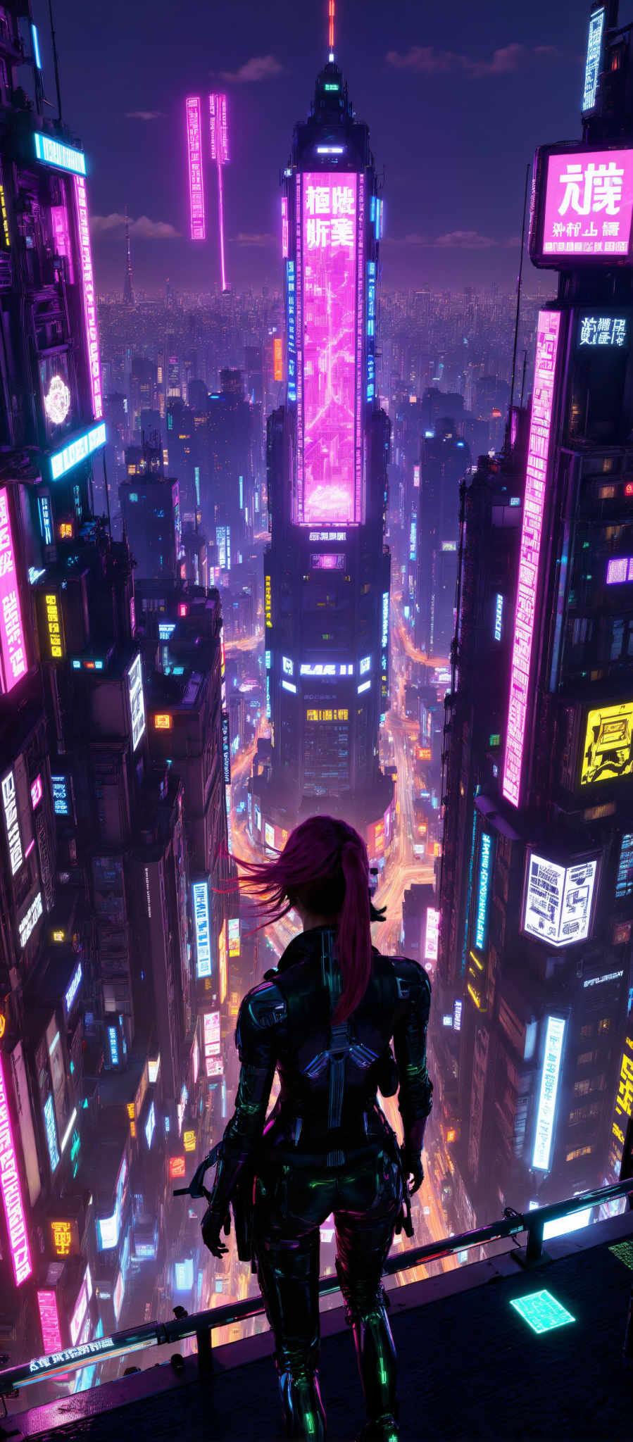 The image portrays a woman with vibrant pink hair standing in a futuristic cityscape. The city is filled with tall buildings each adorned with neon lights in a variety of colors. The woman is dressed in a black outfit adding a stark contrast to the colorful cityscape around her. The art style of the image is reminiscent of anime with its focus on the woman and the cityscape creating a sense of depth and perspective. The subject of the photo is the woman who appears to be in a state of contemplation or wonder as she gazes out over the city. The motif of the scene is a blend of technology and nature with the futuristic city juxtaposed against the natural beauty of the woman's hair. The image evokes a sense curiosity and wonder inviting the viewer to imagine what the future might hold.