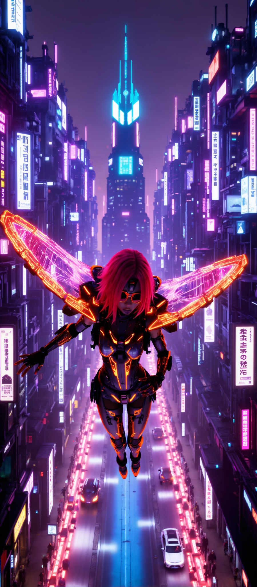 The image portrays a woman with vibrant red hair standing in a futuristic cityscape. She is adorned in a black and orange suit complete with wings that add an ethereal quality to her appearance. The city around her is a riot of colors with buildings and signs illuminated in hues of purple and pink. The art style is reminiscent of anime and the subject appears to be a warrior or superhero. The motif of the image is a blend of fantasy and science fiction creating a captivating visual narrative.