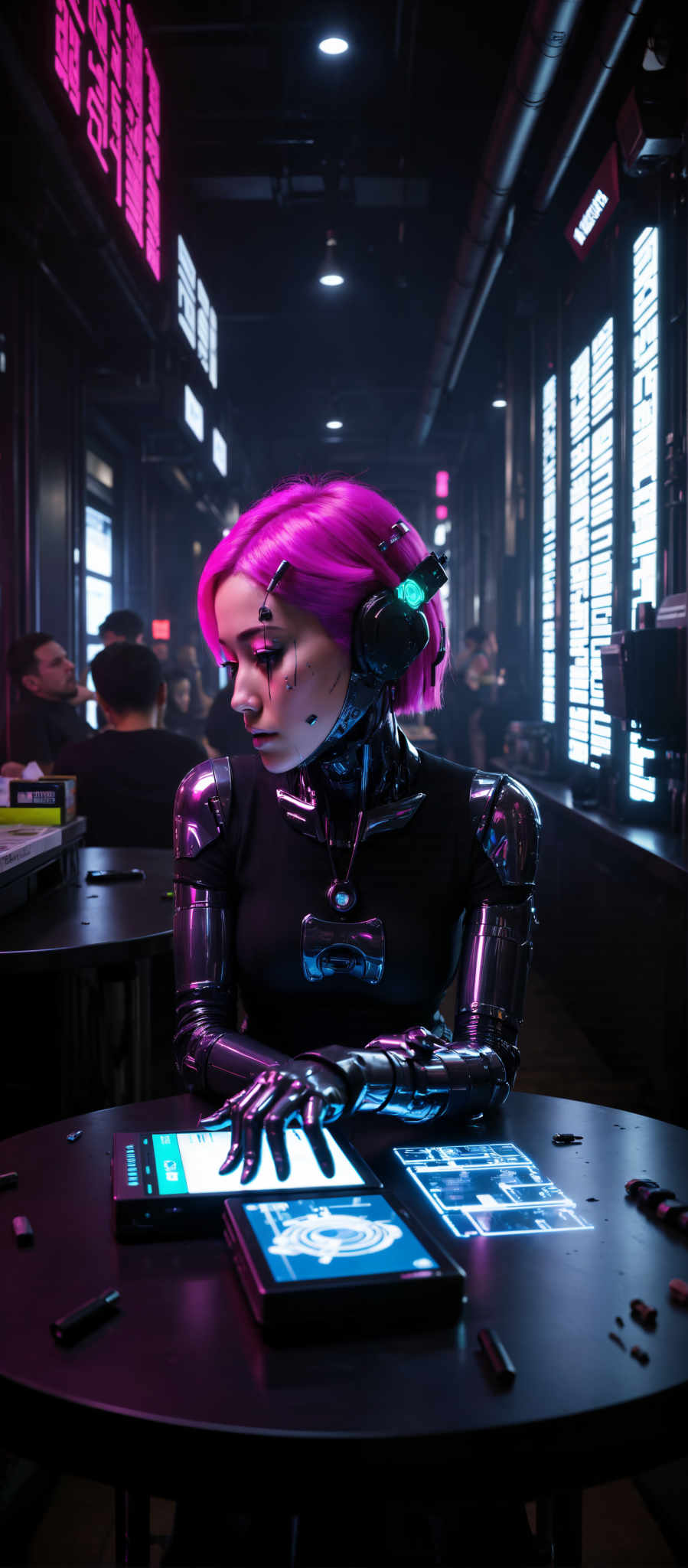 In the image a woman with vibrant pink hair is the central figure. She is adorned with a futuristic suit that is predominantly black and silver. The suit is accentuated with blue and purple accents adding a touch of color to the otherwise monochrome ensemble. 

The woman is seated at a table her hands resting on it in a relaxed manner. Her gaze is directed downwards suggesting a moment of contemplation or introspection. 

In the background there are other people present but they are blurred and not the focus of the image. The setting appears to be a futuristic bar or nightclub characterized by its dim lighting and the presence of neon lights. 

Overall the image portrays a scene from a futuristic setting with the woman in the pink hair and futuristic suit as the main subject. The use of neon lighting and futuristic elements contribute to the overall theme of the scene.