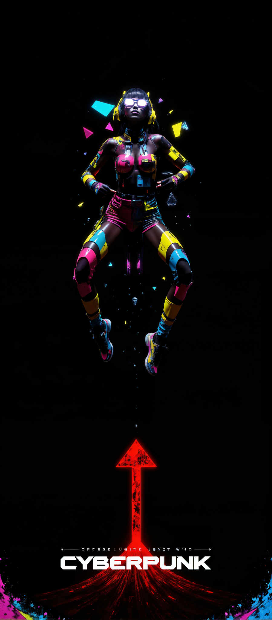 The image portrays a vibrant and dynamic scene. At the center of the image a person is captured in mid-air performing a daring jump. The person is dressed in a colorful outfit that is predominantly pink and yellow with blue and black accents adding to the visual appeal. The outfit is complemented by a pair of black and yellow sneakers adding a sporty touch to the overall look.

The person's pose is dynamic and full of energy with their arms and legs spread out in a star-like formation. This pose combined with the bright colors of the outfit creates a sense of movement and excitement.

The background of the photo is black which contrasts sharply with the colorful outfit and makes the person stand out. Adding to the dramatic effect there are small white dots scattered throughout the background giving the impression of a starry night sky.

Overall the image captures a moment of joy and freedom with the person's colorful outfit standing out against the dark background creating a striking visual contrast. The dynamic pose of the person adds a sense excitement and energy to the scene.