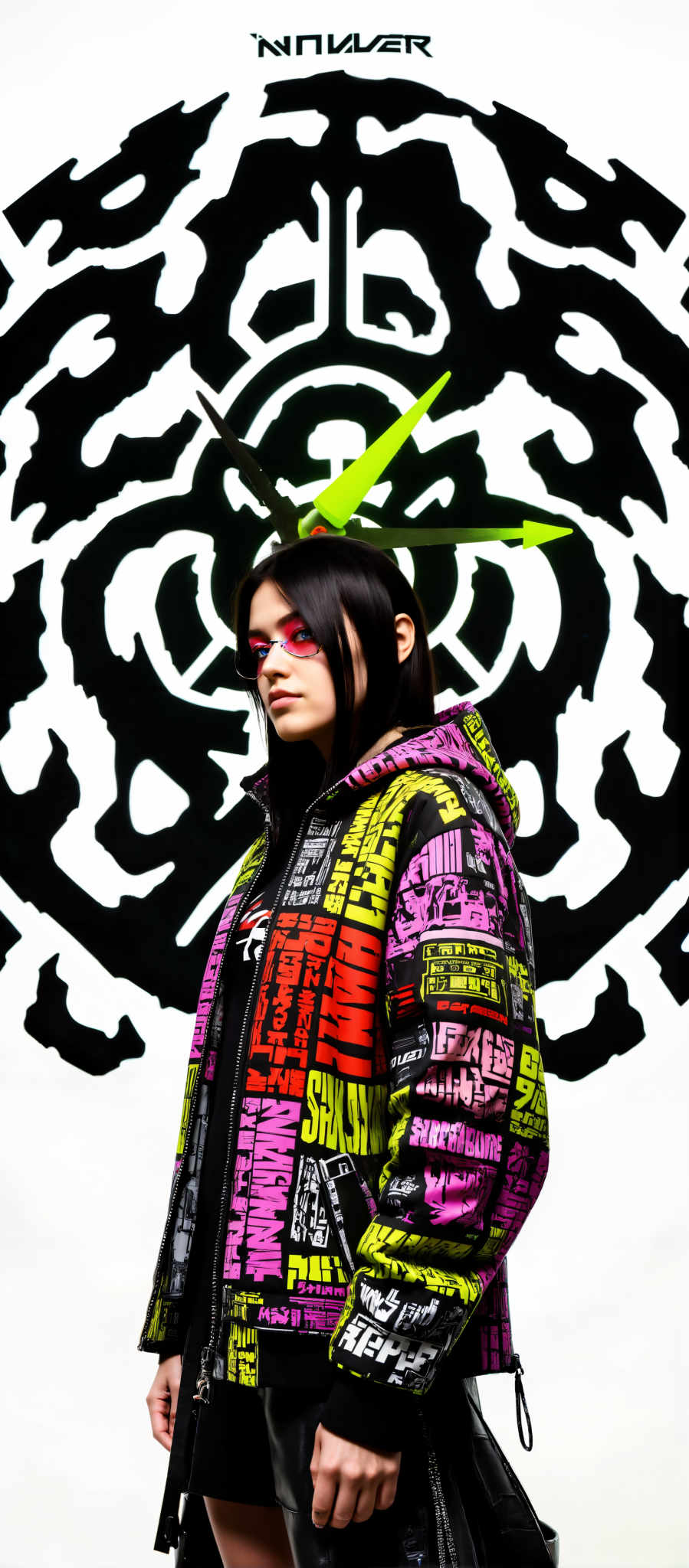 A young woman with black hair and red glasses stands in front of a black and white background. She is wearing a vibrant jacket with a graphic design in shades of pink yellow and green. The jacket is adorned with Japanese text adding an element of intrigue to her outfit. A green headband with a red flower on top rests on her head adding a touch of whimsy to her look. Her gaze is directed off to the side and her expression is serious suggesting a moment of deep thought or contemplation. The overall composition of the image with its bold colors and striking design creates a visually captivating scene.