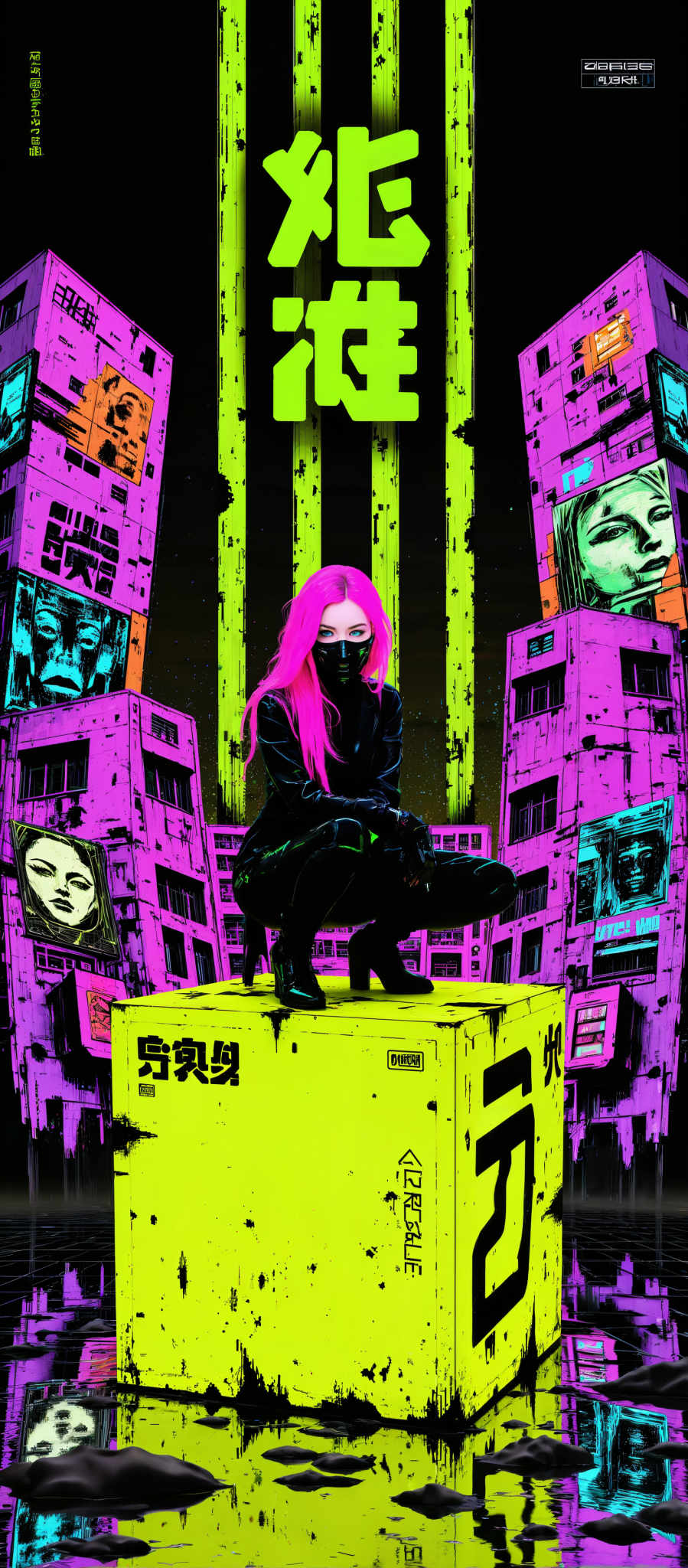 A woman with pink hair is sitting on a yellow box. She is wearing a black outfit and a black mask. The background is filled with colorful graffiti including a portrait of a woman and a portrait with a man's face. The graffiti is in various colors and styles creating a vibrant and dynamic atmosphere. The woman's pink hair stands out against the black of her outfit and the yellow of the box drawing the viewer's attention. The black mask adds an element of mystery to her appearance. The colorful graffiti in the background adds depth and complexity to the scene. The overall art style is abstract and expressive with a focus on color and form. The subject of the image is the woman who is the main focus of the composition. The motif of the scene is a mix of urban and artistic elements with the graffiti and the woman's outfit creating a contrast between the natural and the man-made. The image is a blend of different styles and colors creating an interesting and visually appealing scene.