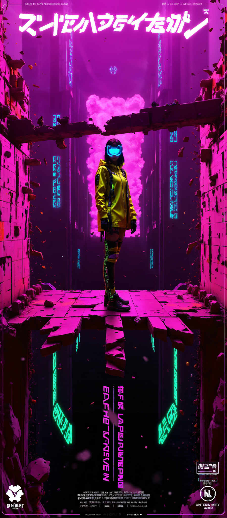 A woman in a yellow jacket stands on a pink platform surrounded by neon lights. The art style is futuristic and the subject is a woman. The colors are predominantly pink and yellow with neon lights adding a blue and green hue. The woman appears to be in a futuristic setting possibly a nightclub or a futuristic city. The image evokes a sense of adventure and exploration.