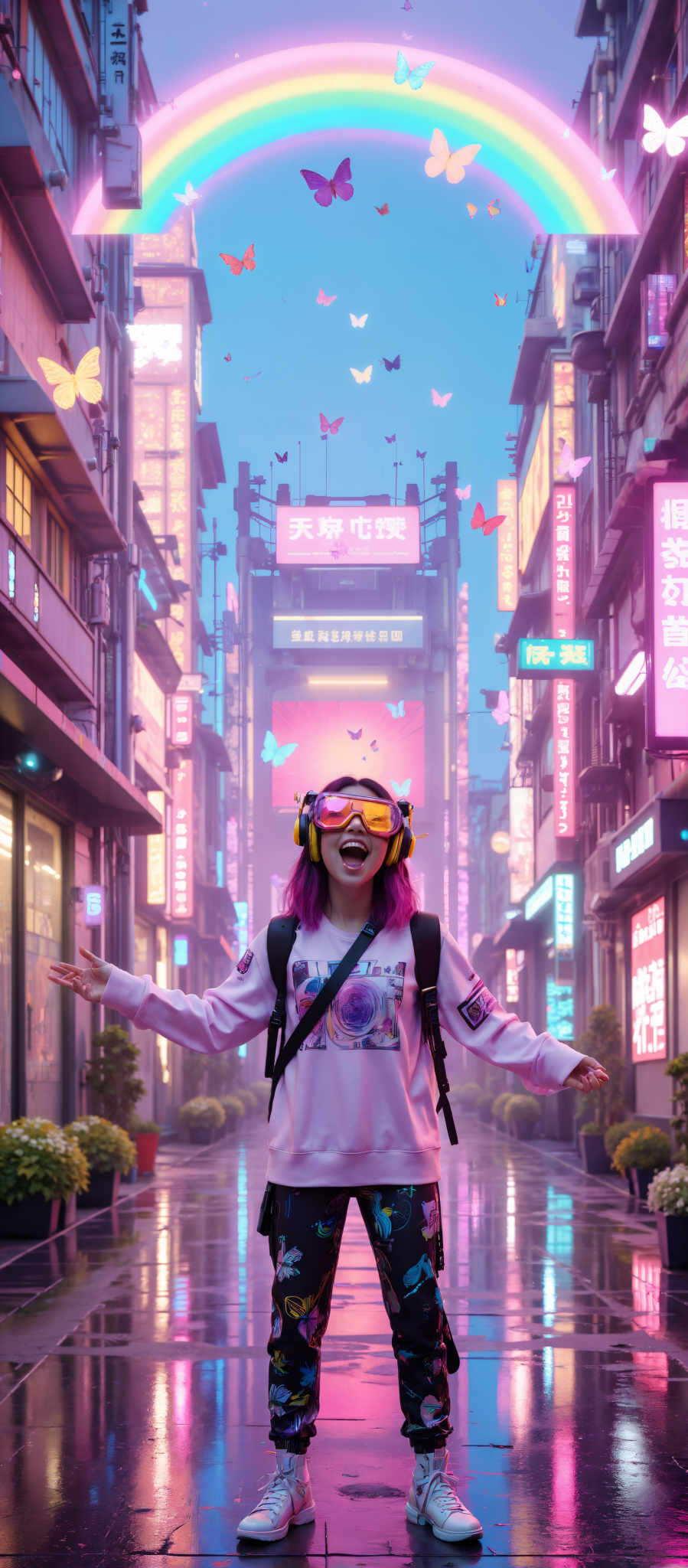 A woman with pink hair and a pink shirt is wearing yellow headphones and laughing. She is standing in front of a building with many signs in pink and blue. The building has a large sign that reads "Chinese". The woman is wearing a backpack and has a black strap across her chest. The scene is vibrant and full of color.