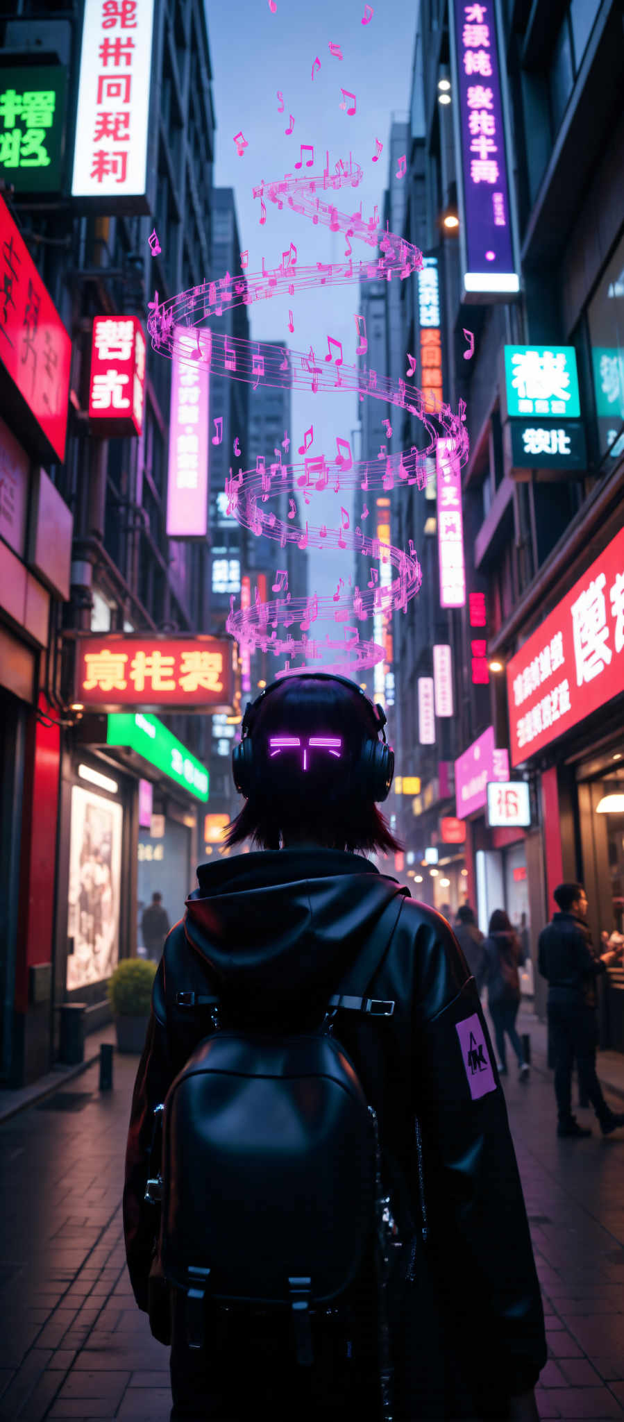 A person wearing a black jacket and headphones with a purple tint. The person is standing in front of a building with many signs in Chinese. The signs are colorful and bright creating a vibrant atmosphere. The building appears to be a shopping center or a restaurant. The photo is taken from a low angle giving a unique perspective of the scene. The overall mood of the photo is energetic and lively. The colors in the photo are vivid and bright. The art style of the image is modern and contemporary. The subject of the photograph is the person with the headphones who is standing out against the colorful background. The motif of the subject is the contrast between the person and the bright colorful background creating an interesting visual dynamic.