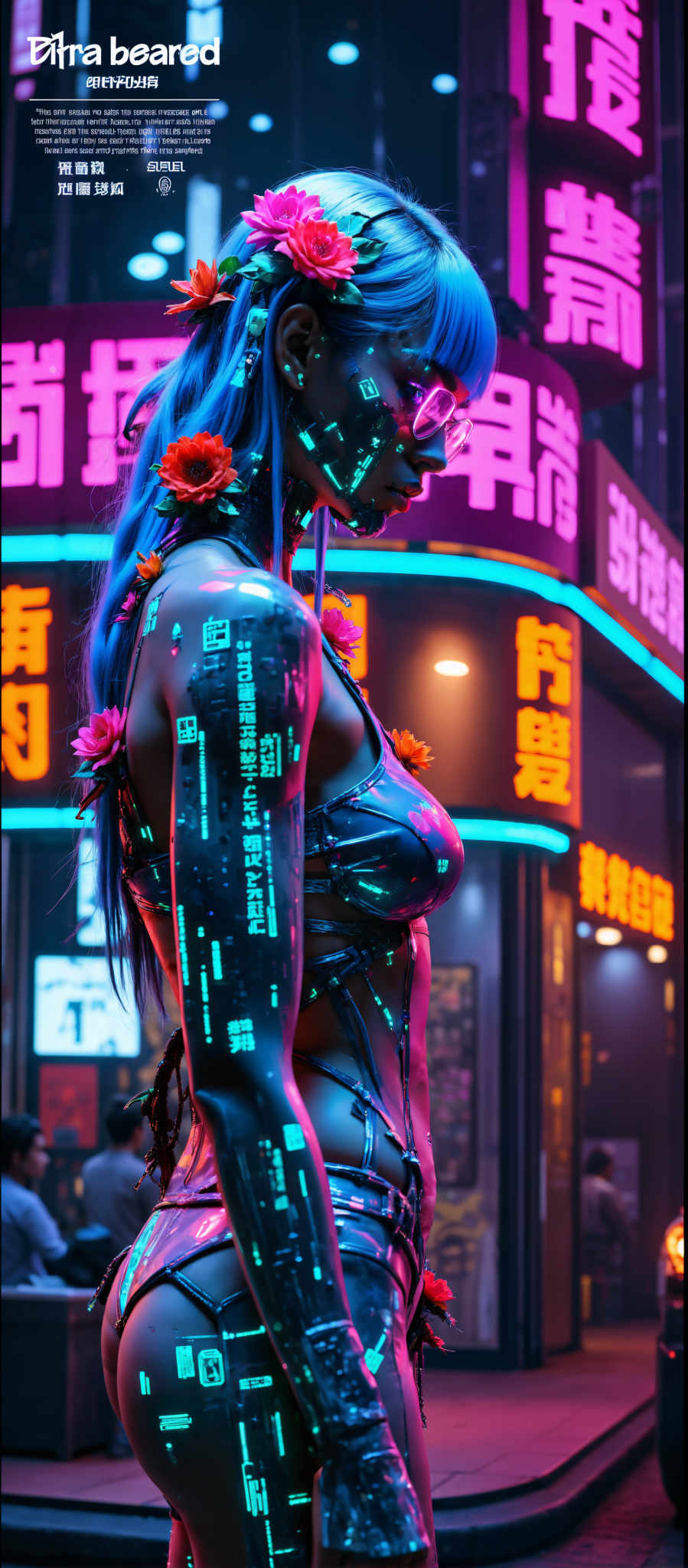 A woman with blue hair and a futuristic outfit stands in front of a neon sign. The woman's outfit is made of a shiny metallic material and is adorned with pink flowers. The neon sign behind her is in Chinese and features a pink and blue color scheme. The art style of the image is futuristic and the subject is a woman. The motif is a futuristic cityscape. The image evokes a sense of futuristic technology and advanced fashion.