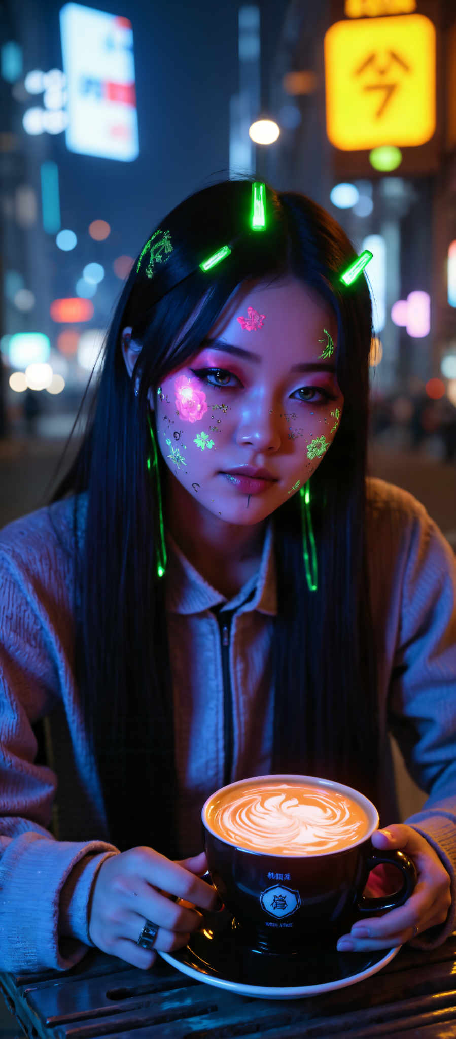 A young woman with long black hair is the main subject of this image. Her hair is adorned with a vibrant array of colorful stickers adding a playful and artistic touch to her appearance. She is wearing a gray shirt which contrasts nicely with the bright colors of the stickers. Her gaze is directed straight at the camera creating a sense of connection with the viewer. The background is dark and filled with neon lights adding an element of mystery and intrigue to the scene. The overall art style of the image is modern and edgy reflecting a contemporary aesthetic. The subject of the photo is a young woman and the motif is the combination of her colorful stickers and the neon-lit background. The image evokes a sense curiosity and wonder inviting the viewer to explore the story behind it.