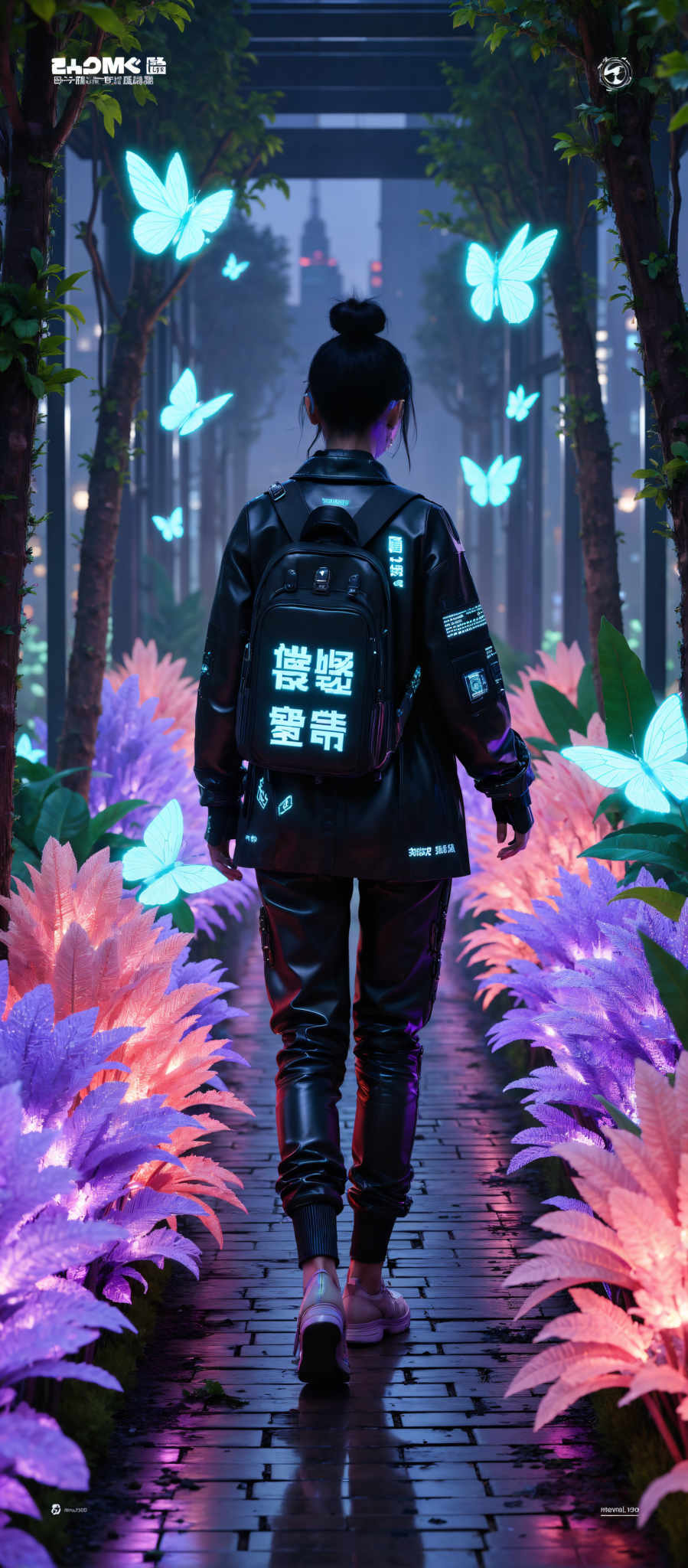 A person is seen walking through a forest of purple flowers. The person is wearing a black leather jacket with Chinese characters on the back and a backpack. The scene is illuminated by blue and purple lights creating a surreal atmosphere. The art style is reminiscent of the works of Salvador Dali with its dreamlike and fantastical elements. The subject of the image is the person who appears to be in a state of contemplation or exploration. The motif is the juxtaposition of the natural world and the human figure with the person's black jacket standing out against the vibrant purple flowers and the blue lights. The image evokes a sense of wonder and curiosity inviting the viewer to imagine what lies beyond the forest.