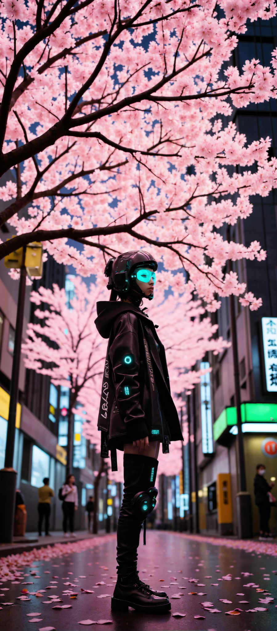 A woman in a futuristic black leather jacket stands in front of a tree adorned with pink cherry blossoms. The jacket is illuminated with blue and green lights adding a futuristic touch to her appearance. She is wearing a black helmet with a blue visor further enhancing the sci-fi theme. The tree in full bloom provides a beautiful contrast to the woman's attire. The background is filled with buildings and signs suggesting an urban setting. The overall scene creates a sense of wonder and curiosity about the future.