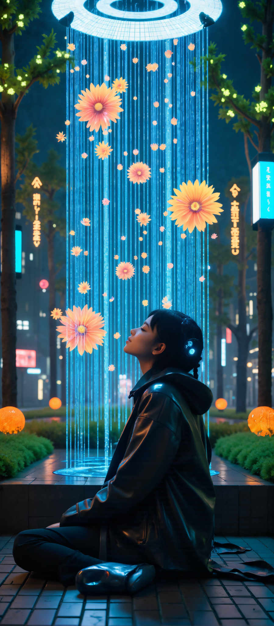 A woman in a black jacket stands in front of a wall of blue lights and orange flowers. The woman appears to be in awe of the vibrant display. The scene is set in a city at night with buildings and trees visible in the background. The art style is surreal and the subject is the woman and the colorful display.