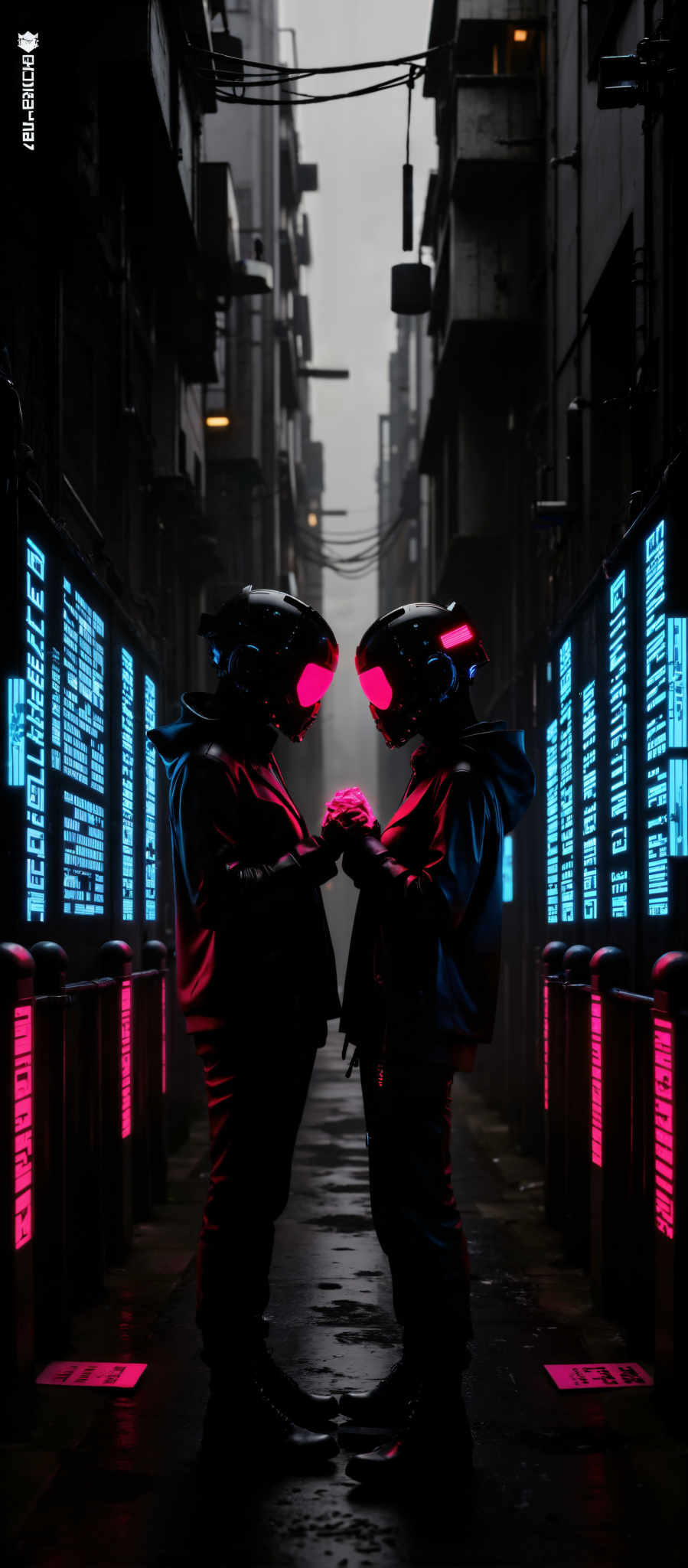 The image captures a scene from a futuristic city. Two individuals clad in black and red suits stand in the center of the frame. Their faces are obscured by black masks adding an air of mystery to their identities. They are holding hands a gesture that suggests a close relationship or bond between them.

The cityscape behind them is a blend of modern and futuristic elements. Tall buildings stretch towards the sky their facades adorned with neon lights that glow in hues of blue and pink. These lights create a vibrant backdrop illuminating the scene with a soft ethereal glow.

The art style of the image is reminiscent of a digital painting or illustration with its use of bright colors and futuristic design elements. The subject of the artwork is the two individuals who are the focal point of the composition. The motif of the piece is the exploration of human connection and the intersection of technology and humanity in a futuristic setting.