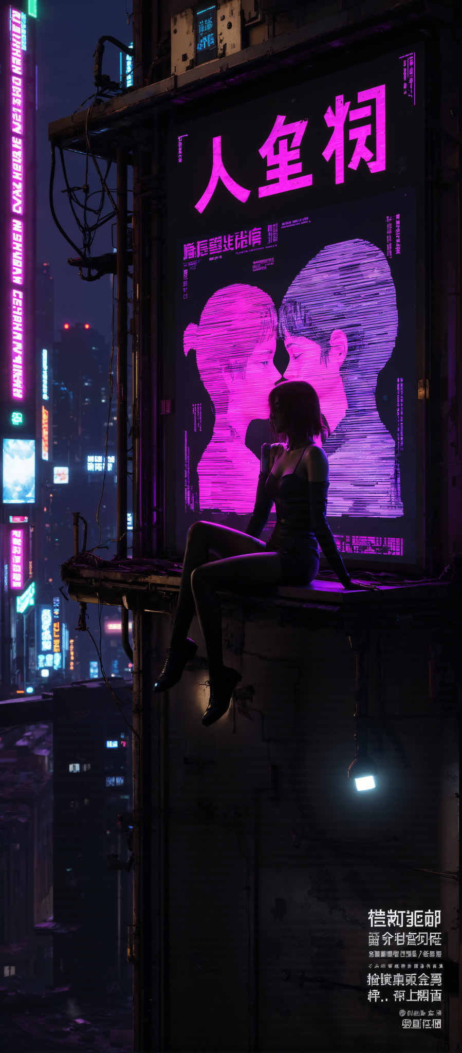 In the image a woman is perched on a rooftop her legs elegantly crossed. She's dressed in a black dress that contrasts with the vibrant pink and purple neon lights illuminating the cityscape behind her. Her hair styled in a bob frames her face as she gazes into the distance. The art style is surreal with the woman's face and body appearing to float against the backdrop of the city. The subject of the image is the woman and the motif is the juxtaposition of the serene rooftop setting with the bustling city lights. The image evokes a sense of solitude amidst urban chaos.