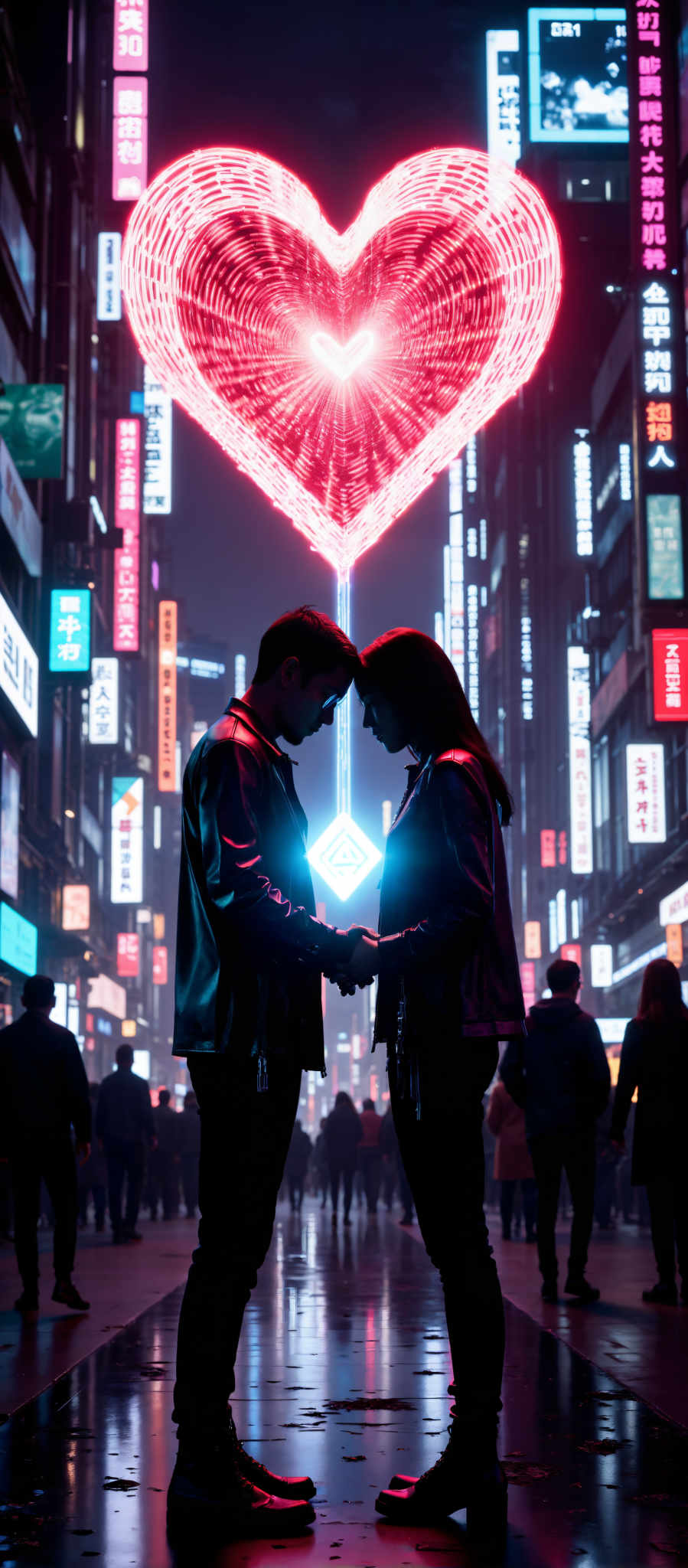 In the heart of a bustling city a couple stands in front of a towering building their hands intertwined in a symbol of unity. The man clad in a black leather jacket and the woman adorned in a red one are the focal point of the image. Their attire contrasts with the vibrant colors of the cityscape behind them.

The building they stand before is a spectacle of light and color. Neon signs in hues of red blue and white illuminate the scene creating a dazzling display that reflects off the couple's faces. The signs are scattered across the building each one a beacon in the night.

The couple's position in front the building suggests they are at the center of their universe with the city and its myriad lights serving as a backdrop to their intimate moment. The image captures a moment of connection between two people amidst the hustle and bustle of city life.