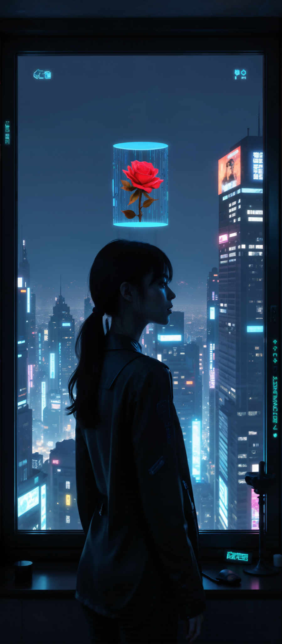 A woman stands in front of a city skyline her back to the camera. She is dressed in a black jacket and her hair is pulled back into a ponytail. The cityscape behind her is filled with tall buildings their windows glowing with blue and pink lights. The sky above is dark adding to the urban atmosphere. In the top left corner of the image a red rose is visible adding a touch of color to the scene. The art style of the photo is modern and urban capturing the essence of city life. The subject of the photograph is the woman who appears to be contemplating the cityscape before her. The motif of the scene is the contrast between the natural element of the rose and the man-made structures of the city.