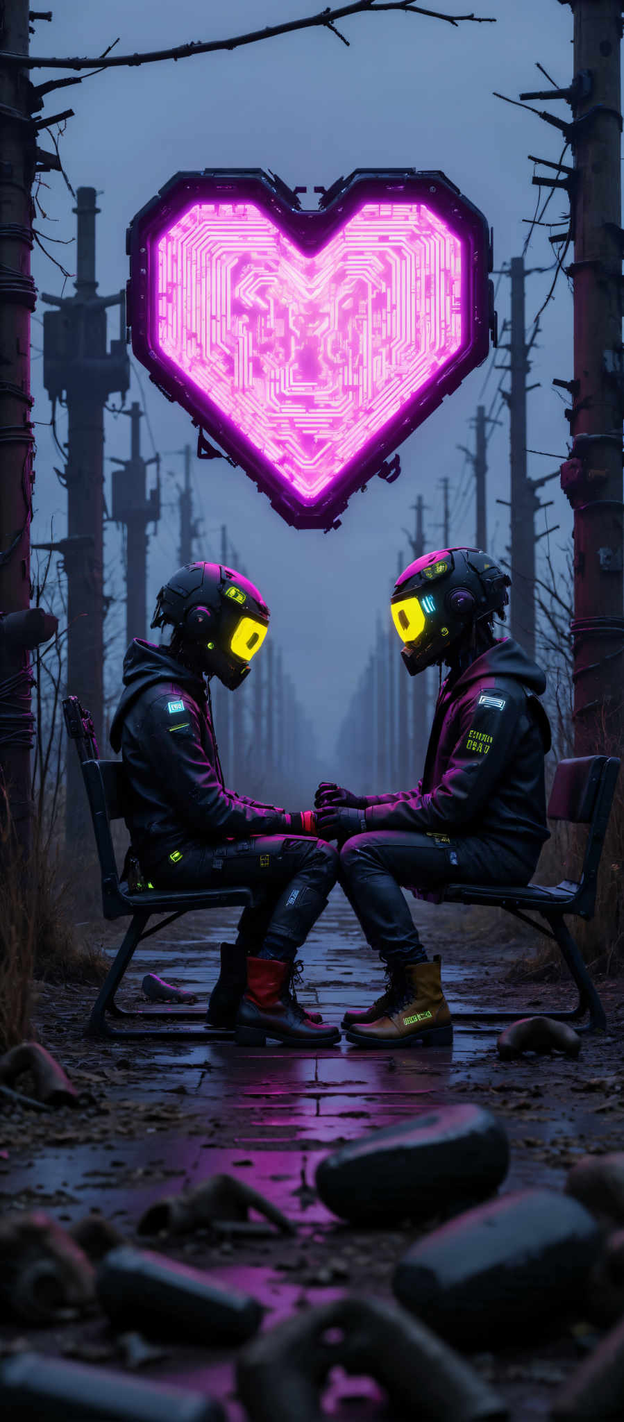 The image portrays a scene set in a dark foggy forest. Two individuals clad in black and yellow suits are seated on a bench. Their helmets also black and adorned with yellow visors add an element of intrigue to their appearance. The bench they're seated on is positioned in the center of the image with the forest extending into the background. The overall atmosphere of the scene is somewhat mysterious with a pink neon sign hanging in the background adding a touch of color to the otherwise monochrome setting. The art style of the photo is reminiscent of a video game with its focus on the characters and their environment. The subject of the photograph is the two individuals their attire and their interaction with the surrounding environment.