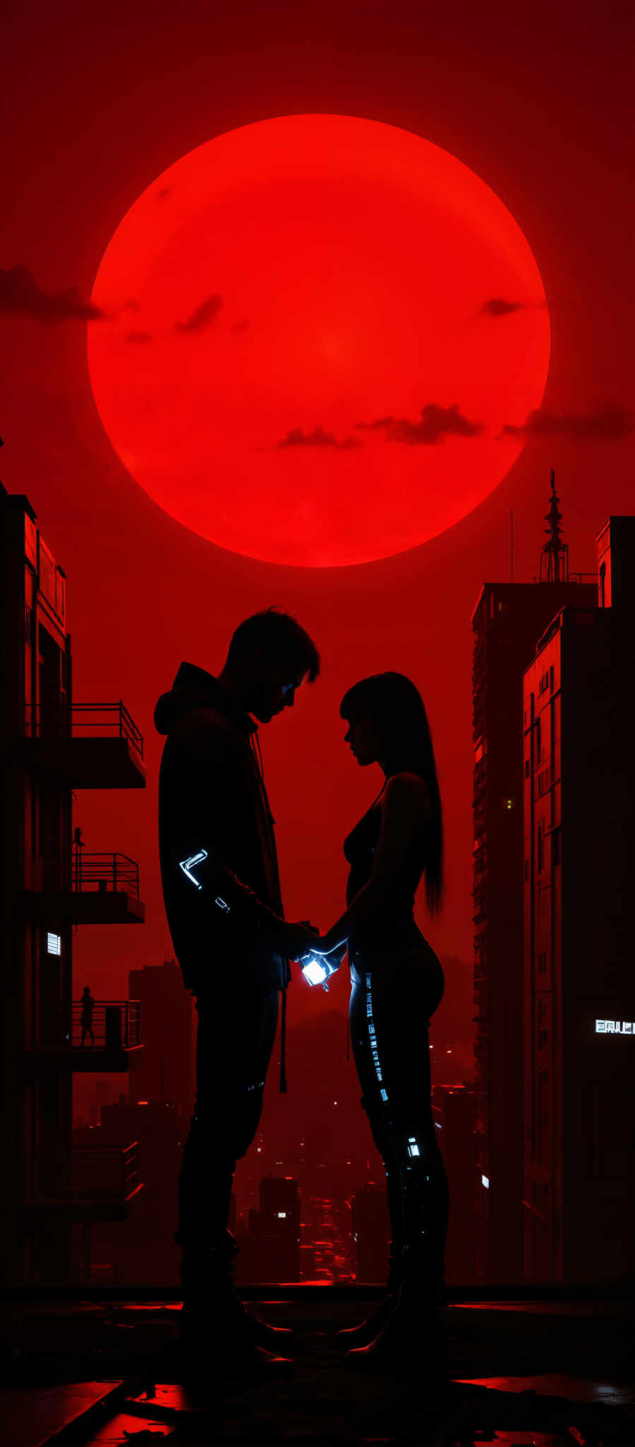 In the image a couple is standing in front of a large red moon. The man is dressed in a black jacket and the woman is wearing a black dress. They are holding hands and looking up at the moon. In the background there are buildings and a large antenna. The buildings are tall and the antenna is tall and thin. The sky is dark and the moon is red. The couple appears to be in a city. The image has a surreal art style. The subject of the image is the couple and the large red sun. The motif of the subject is the love between the couple. The colors in the image are predominantly red black and white. The red moon and the red sky create a dramatic and intense atmosphere. The black clothing of the couple contrasts with the red moon making them stand out in the scene. The white buildings and antenna add a sense of depth and scale to the scene emphasizing the size of the moon and sky. The surreal art-style of the photo adds a dreamlike and fantastical element to the picture making it visually striking and memorable.