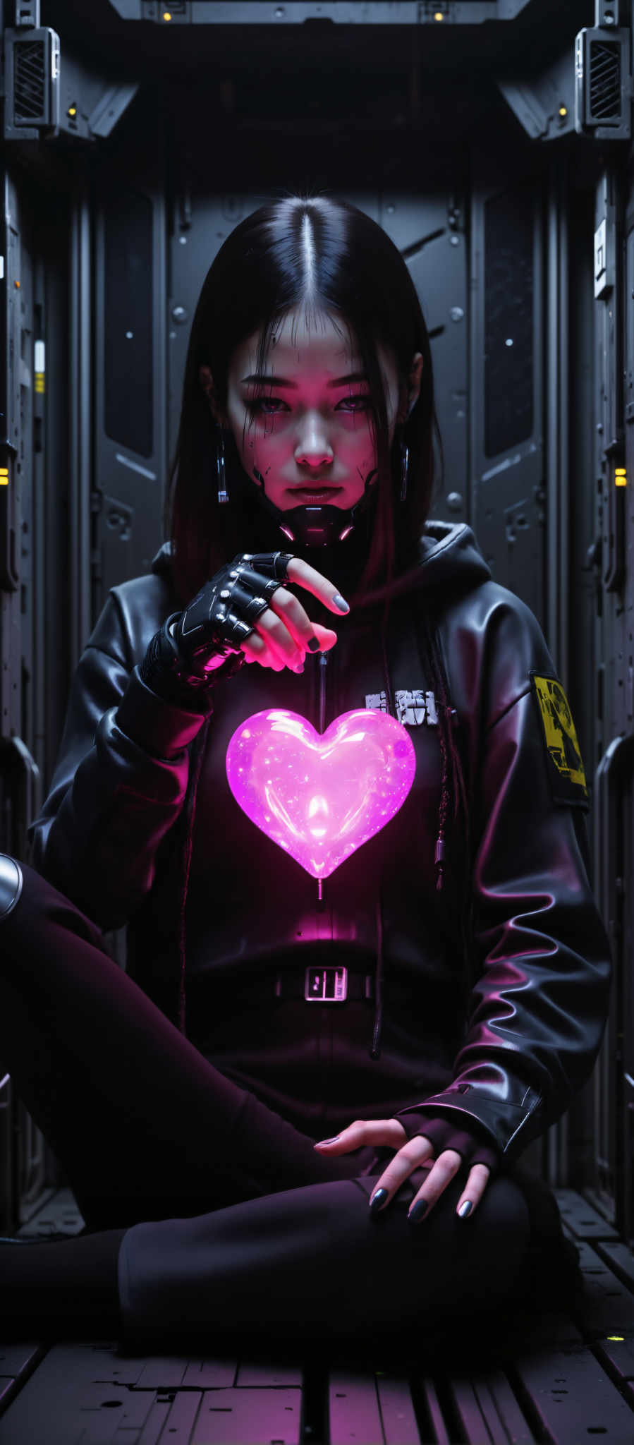 A woman in a black leather outfit is holding a pink heart-shaped balloon. She is wearing a gas mask and has a tattoo on her face. The background is dark and industrial with a yellow sign on the wall. The woman's outfit and the balloon create a striking contrast against the dark background. The gas mask adds an element of intrigue to the scene. The tattoo on the woman's face adds a unique touch to her appearance. The yellow sign in the background stands out against the otherwise dark setting. The industrial background suggests a setting that is not typical for a heart-shaped balloons. The image is a blend of contrasting elements creating a visually interesting scene.