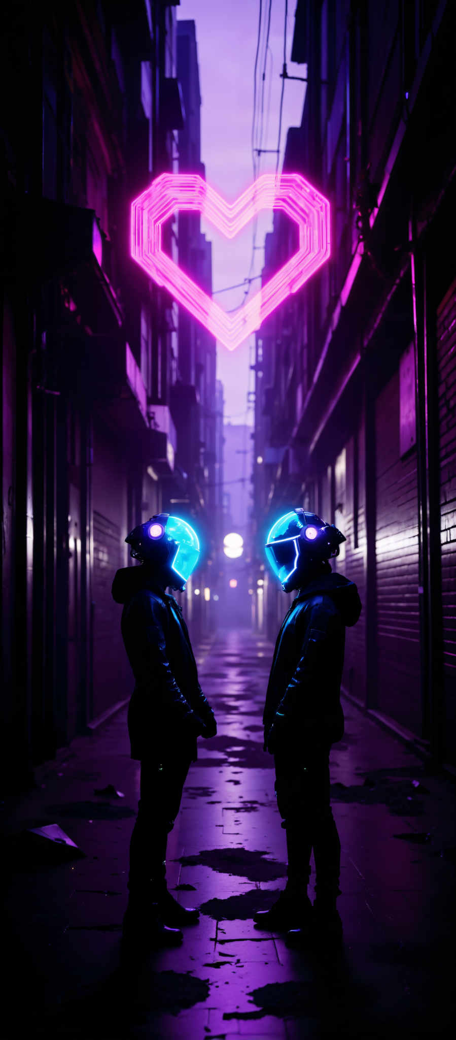 The image captures a scene from a futuristic city at night. Two individuals clad in black jackets and helmets with blue lights stand in an alleyway. The cityscape is filled with tall buildings their windows glowing with purple and pink lights. The sky above is a dark purple adding to the overall futuristic ambiance. The art style of the image is reminiscent of a digital painting with a focus on the subjects and their surroundings. The subjects appear to be in a state of contemplation or observation adding a sense of intrigue to the scene. The image does not contain any text.