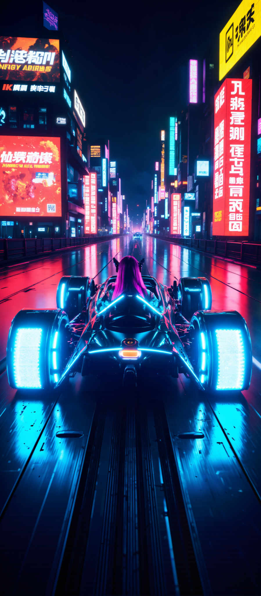 The image captures a futuristic scene of a purple-haired individual driving a sleek black car. The car is adorned with blue lights on the front and back adding a vibrant contrast to its dark exterior. The driver with their hair flowing freely appears to be in motion driving down a street that is bathed in a mix of red and blue lights. The background is filled with towering buildings their windows glowing with red and white lights creating a cityscape that seems to be straight out of a science fiction movie. The overall art style of the image is futuristic with a focus on the car and the driver suggesting a sense of speed and adventure. The subject of the photo is the car driver who is the main focus of the scene. The motif of the subject is the thrill of driving as they navigate through the city under the glow of the colorful lights.