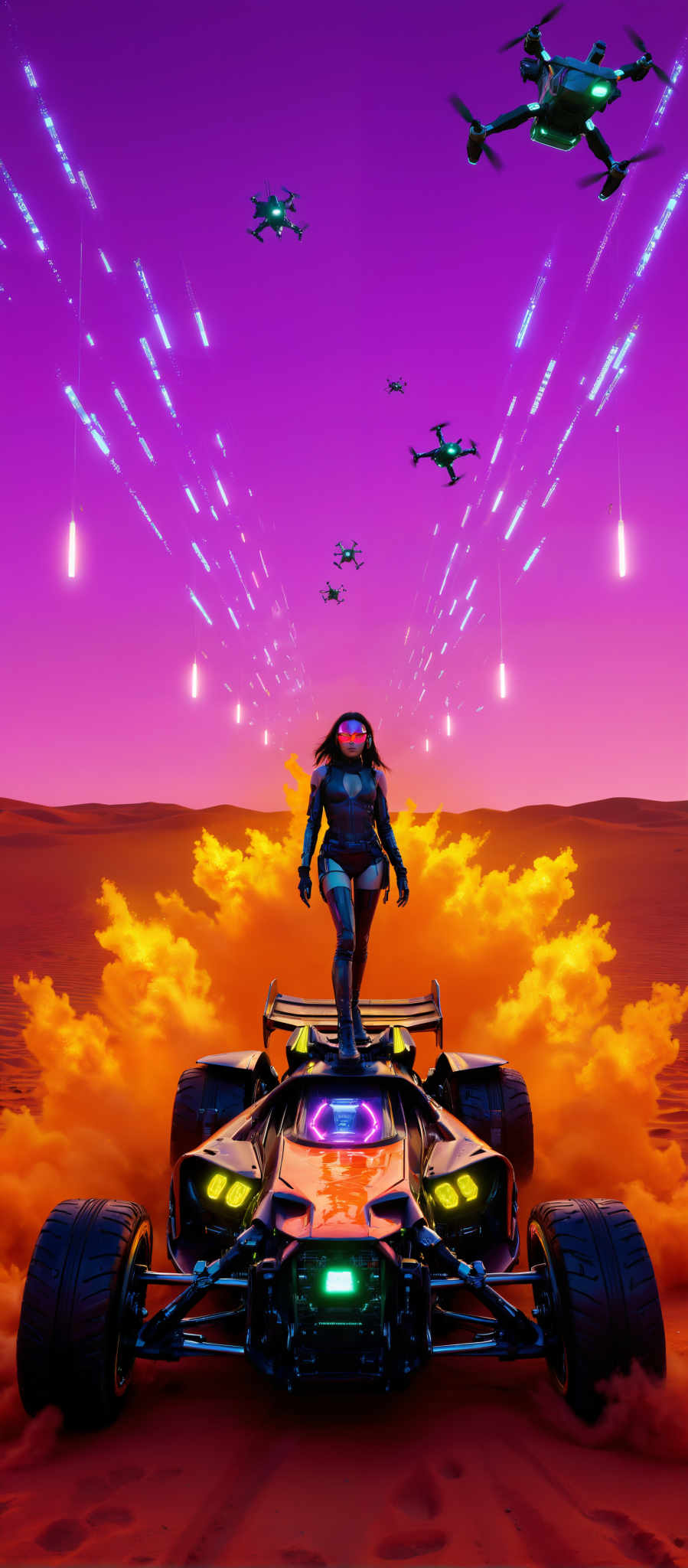 A woman in a futuristic suit stands on a car in a desert under a purple sky. The car is engulfed in flames and the woman is wearing a helmet with a visor. The scene is set in a post-apocalyptic world and there are flying robots in the background. The art style is futuristic and it evokes a sense of danger and adventure. The subject is a woman and her attire and the car suggest a theme of survival and resilience in a harsh environment. The motif is a blend of technology and nature with the futuristic elements contrasting with the natural desert setting.