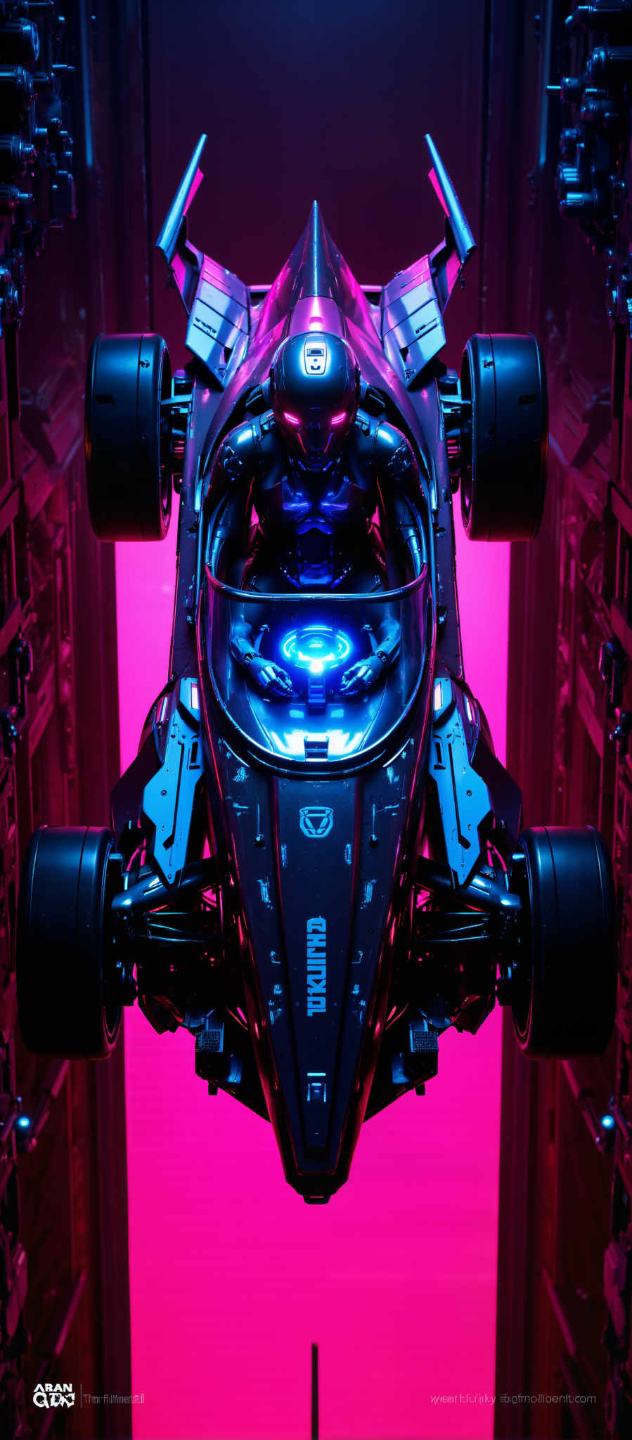 The image presents a futuristic scene featuring a robot-like vehicle. The vehicle which is the central focus of the image is predominantly black and silver in color. It has a sleek design with a curved front and a pointed nose giving it an aerodynamic appearance. The body of the vehicle is adorned with a blue and purple light pattern adding a touch of vibrancy to its otherwise monochrome color scheme.

The vehicle is situated in a room that is bathed in a pinkish-red light creating a warm and inviting atmosphere. The room is filled with shelves and racks suggesting a storage or maintenance area. The shelves are empty and the racks are neatly organized indicating that the vehicle might be the main subject of this space.

The art style of the photo is futuristic with a focus on the vehicle and its design. The subject of the art is the vehicle itself and its futuristic design suggests a setting in a high-tech environment. The motif of the artwork is the exploration of technology and its potential future developments.

Overall the image captures a moment in a futuristic setting with the vehicle as the central character. The use of light and color adds depth and interest to the scene while the empty shelves and neatly organized racks suggest a focus towards the vehicle.