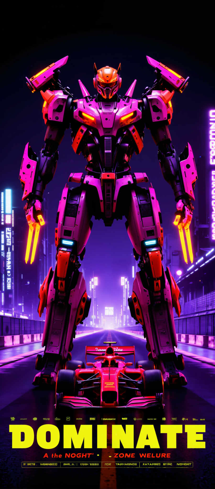 The image presents a futuristic scene set in a city at night. Dominating the center of the image is a large robot its body painted in a striking combination of pink and black. The robot's arms are extended each ending in a claw-like hand giving it an imposing presence. 

The robot is standing on a purple platform which contrasts with its vibrant colors. The platform appears to be elevated suggesting it might be a part of a larger structure or monument.

In the background the cityscape is illuminated by neon lights casting a soft glow on the scene. The lights are scattered across the image adding depth and dimension to the city.

The art style of the scene is futuristic with a focus on the robot as the central subject. The use of bright colors and the nighttime setting create a sense of mystery and anticipation.

Overall the image captures a moment in a futuristic city with the robot standing as a symbol of advanced technology and human ingenuity.