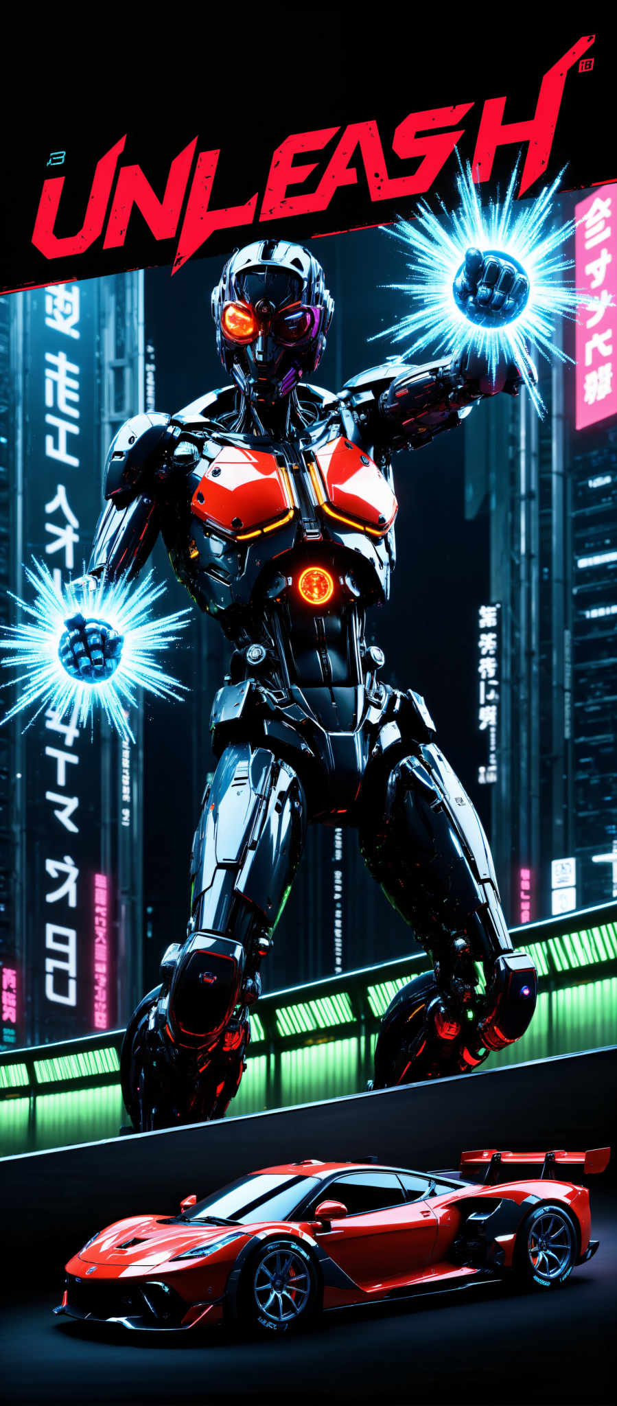 The image portrays a futuristic robot standing in front of a digital backdrop. The robot with its metallic body and glowing red eyes exudes a sense of power and advanced technology. The digital backdrop is a vibrant mix of blue and pink with Japanese characters and a blue ball adding to the futuristic theme. The art style is reminiscent of anime and the robot appears to be the main subject of the image. The overall mood conveyed is one of innovation and progress.