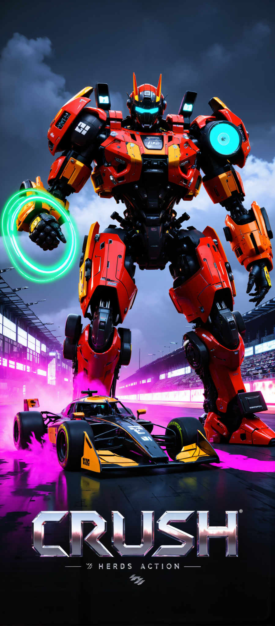 The image captures a thrilling scene of a futuristic race. Dominating the frame is a large robot its body painted in vibrant shades of red and orange. The robot's arms are extended each hand gripping a yellow and black car. The car marked with the number 2 is in motion leaving a trail of purple smoke in its wake as it speeds along the track.

The track itself is a marvel of modern engineering lined with a series of lights that cast a bright glow against the backdrop of a cloudy sky. The lights add a sense of speed and urgency to the scene illuminating the path for the speeding car and the robot.

The image is a blend of action and art with the futuristic robot and the speeding race car creating a sense that this is a scene straight out of a science fiction movie. The use of bright colors and the dynamic movement of the car and robot add to the overall excitement and energy of the image. The cloudy sky provides a stark contrast to the vivid colors of the robot and car further emphasizing the drama of the scene.