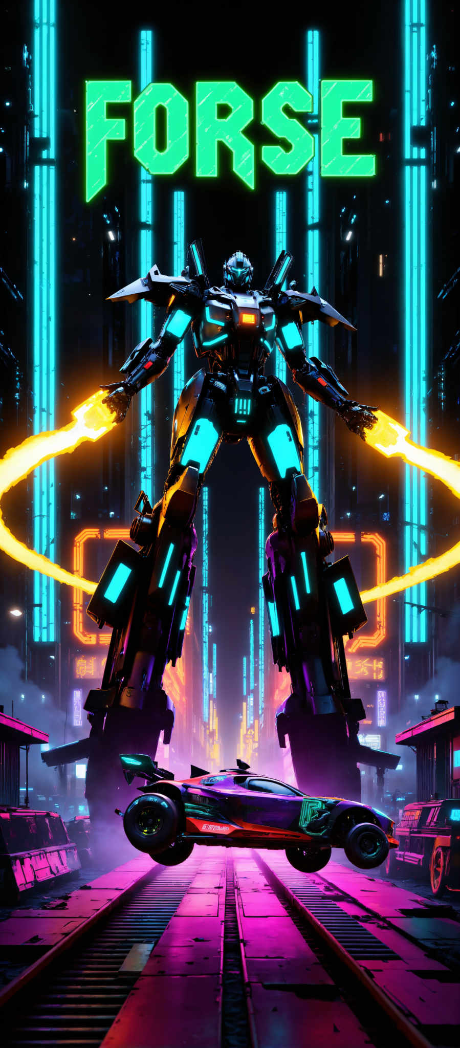 The image presents a futuristic robot standing tall in a cityscape. The robot with its blue and orange lights is the central figure in the image. It has a large head and two arms each holding a flame adding a dramatic effect to the scene. The cityscape in the background is filled with tall buildings and neon lights creating a vibrant and lively atmosphere. The art style of the image is futuristic with a focus on the robot and its surroundings. The subject of the artwork is the robot and the motif is the cityscape with the robot standing in the middle creating an interesting contrast between the robot's futuristic design and the urban environment.