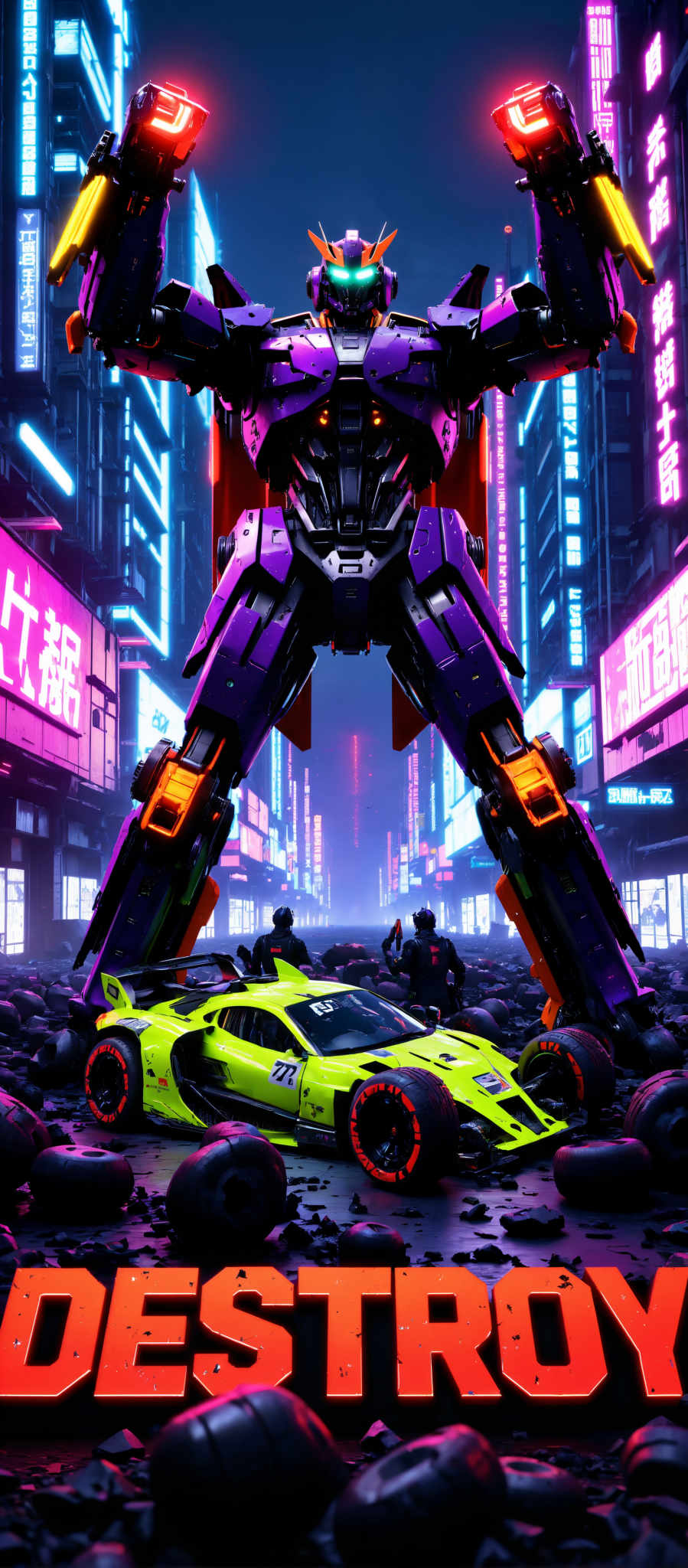 The image presents a futuristic scene set in a city at night. Dominating the center of the image is a large robot its body painted in shades of purple and black. The robot's head is a stark white contrasting with its dark body. 

In the foreground a yellow sports car is parked its vibrant color standing out against the darker hues of the cityscape. The car is positioned in front of the robot as if it's observing the mechanical creature.

The background is filled with tall buildings their windows glowing with a mix of pink and blue lights. These lights create a colorful backdrop to the scene adding depth and dimension to the city.

The overall art style of the scene is futuristic with a focus on advanced technology and urban environments. The subject of the artwork is a robot symbolizing technological advancement and the future of human innovation. The motif of the piece is the intersection of technology and city life suggesting a world where robots and humans coexist in harmony.