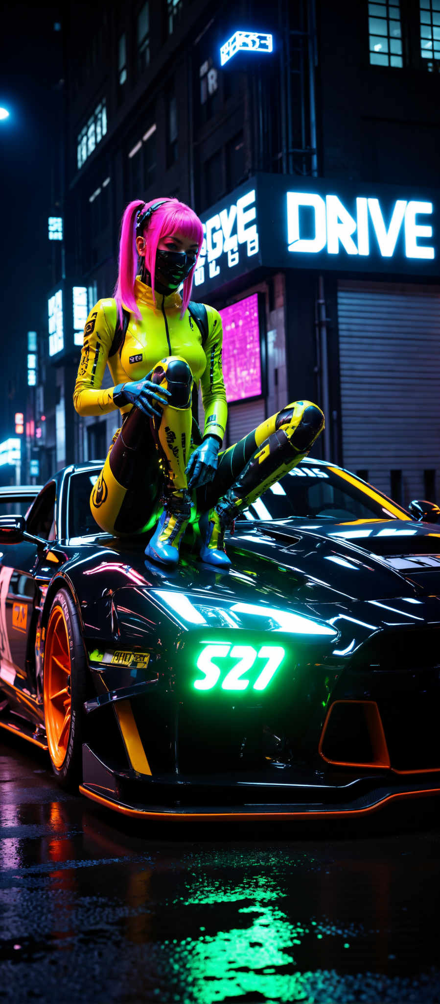 A woman in a yellow and black suit is sitting on a black sports car. The car has the number 521 on the front. The woman is wearing blue gloves and has pink hair. The background is dark and has neon lights. The art style is futuristic. The subject is a woman and the motif is a car.