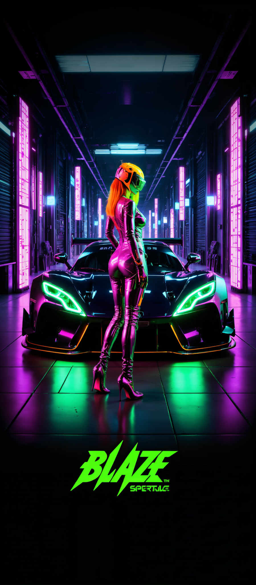 A woman in a futuristic suit stands in front of a sports car. The woman is wearing a helmet with a yellow visor and a purple suit. The car is black and has a purple and green lighted undercarriage. The background is a dark purple with neon lights. The art style is futuristic. The subject is a woman and the motif is a sports vehicle. The image evokes a sense of adventure and speed.