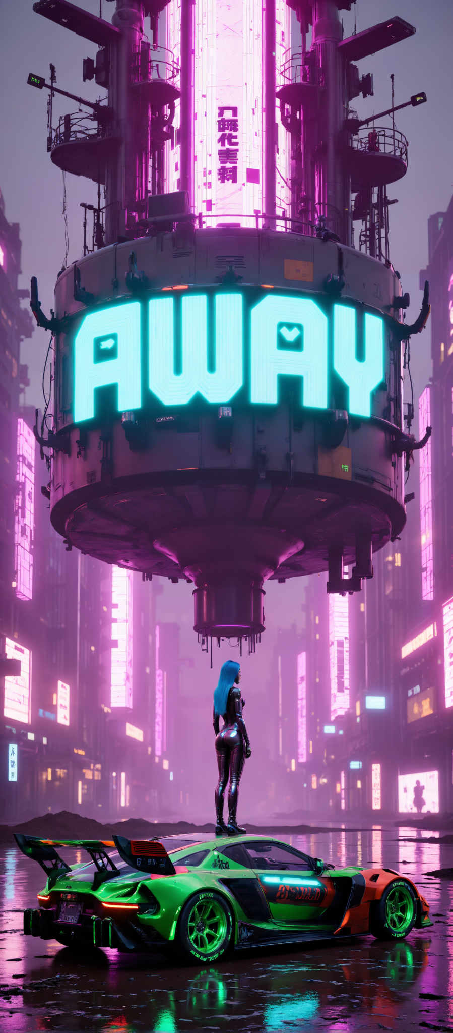 The image portrays a futuristic cityscape with a large glowing sign that reads "AWAY". The sign is illuminated in a vibrant shade of pink contrasting with the dark purple sky in the background. The city is filled with tall buildings their windows glowing in hues of pink and purple adding to the overall futuristic ambiance. In the foreground a lone figure stands their blue hair and black outfit standing out against the colorful backdrop. The art style of the image is reminiscent of a digital illustration with a focus on the cityscape and the glowing sign. The subject of the artwork is the city and the figure with the sign serving as a focal point. The motif of the piece is a sense of mystery and exploration as the figure stands in front of the sign ready to venture into the unknown.