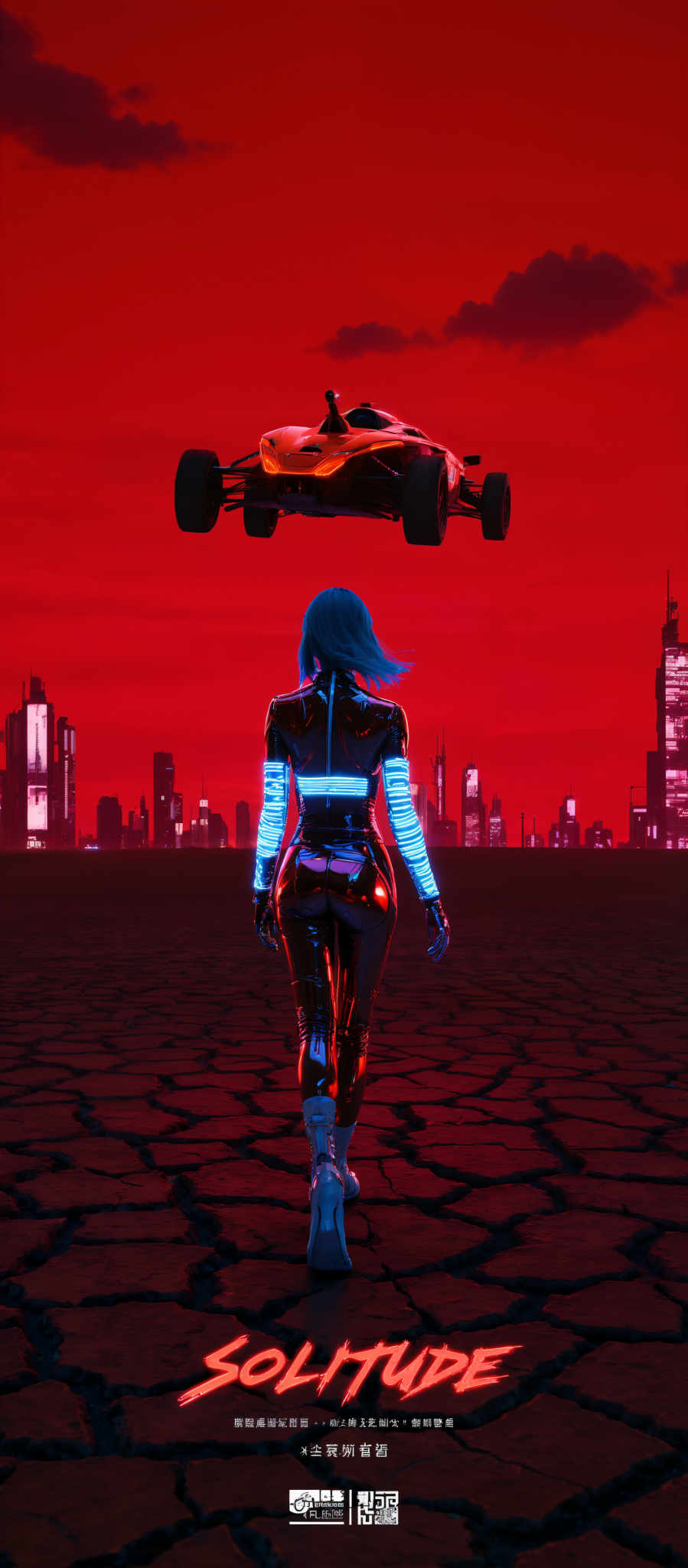 The image portrays a futuristic scene set in a city. At the center of the image a woman in a shiny black and blue suit is walking away from the camera. She is wearing a helmet with a blue visor adding to the futuristic theme. The cityscape in the background is filled with tall buildings and a red sky creating a dramatic atmosphere. The art style of the scene is reminiscent of a video game or anime with a focus on the woman as the main subject. The image evokes a sense of adventure and exploration in a futuristic world.